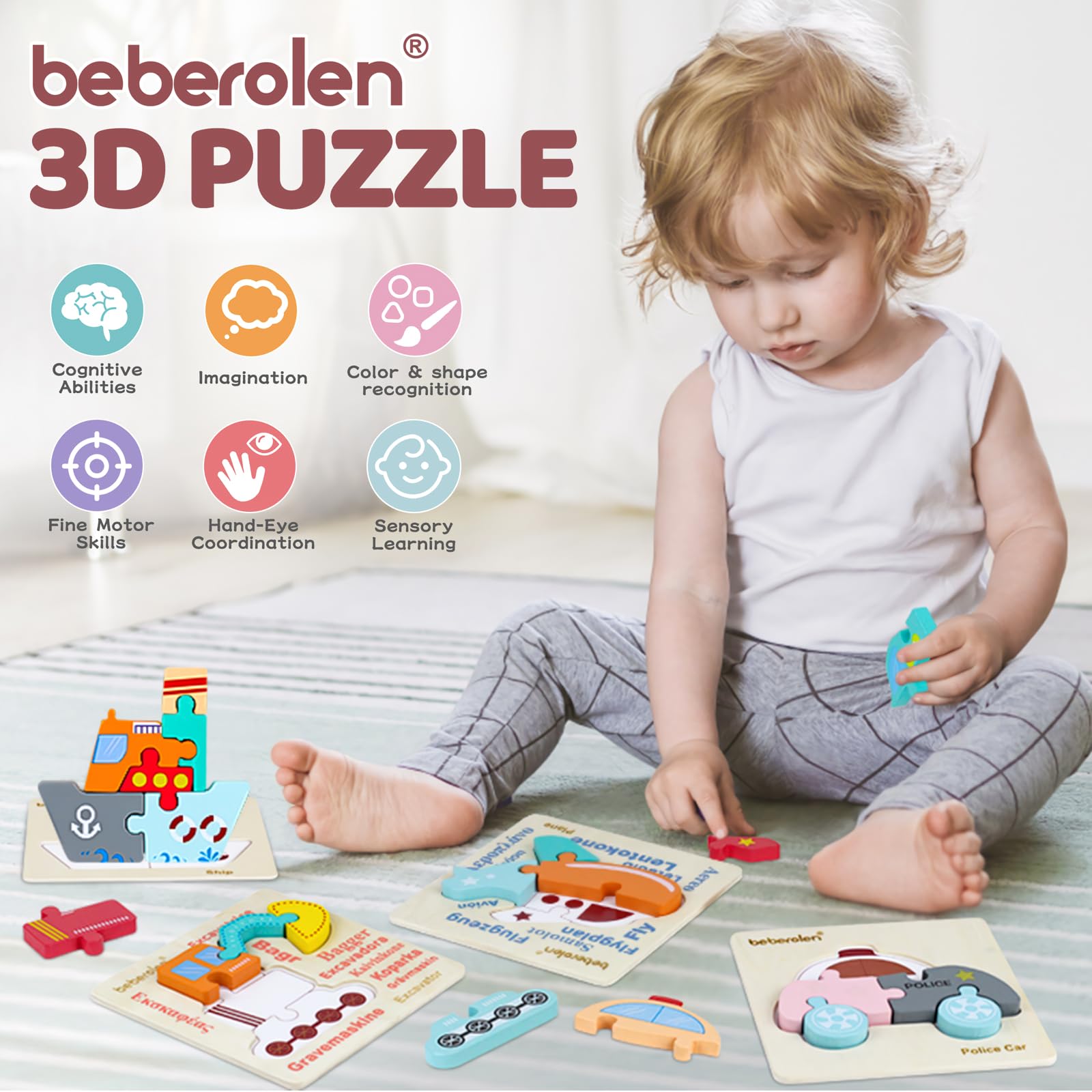 Beberolen Puzzle Legno per Bambini, Giocattoli Educativi Risveglio Montessori, Puzzle Veicolo 3D con Cornice, Regalo Compleanno Pasqua Halloween Natale Ragazzi Ragazze 1 2 3+ Anni