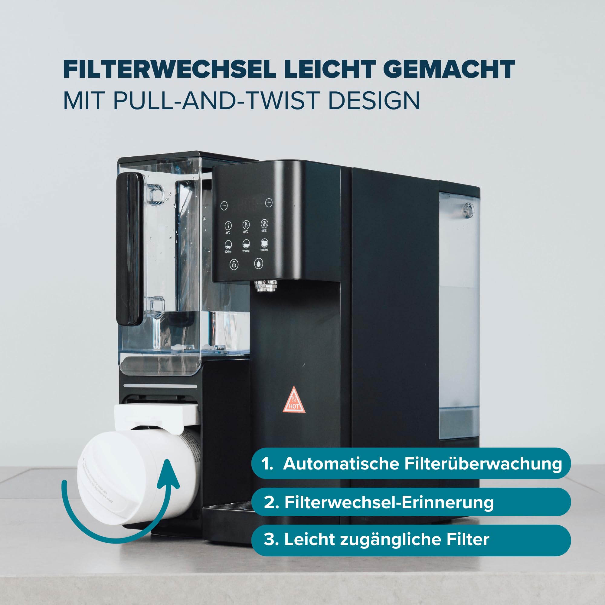 Health Rise Pure Water Pro Auftisch Umkehrosmoseanlage, Osmose Wasserfilter 5-stufig mit UV-Licht, Heißwasserfunktion 45-100°C, 4,5L Tank, Inkl. 2 Wasserkrüge