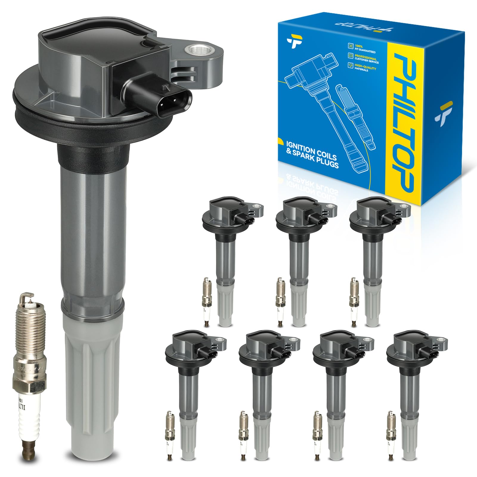 PHILTOP 8 Ignition Coil &amp; 8 Spark Plugs Set Fit for Ford F-150 Mustang