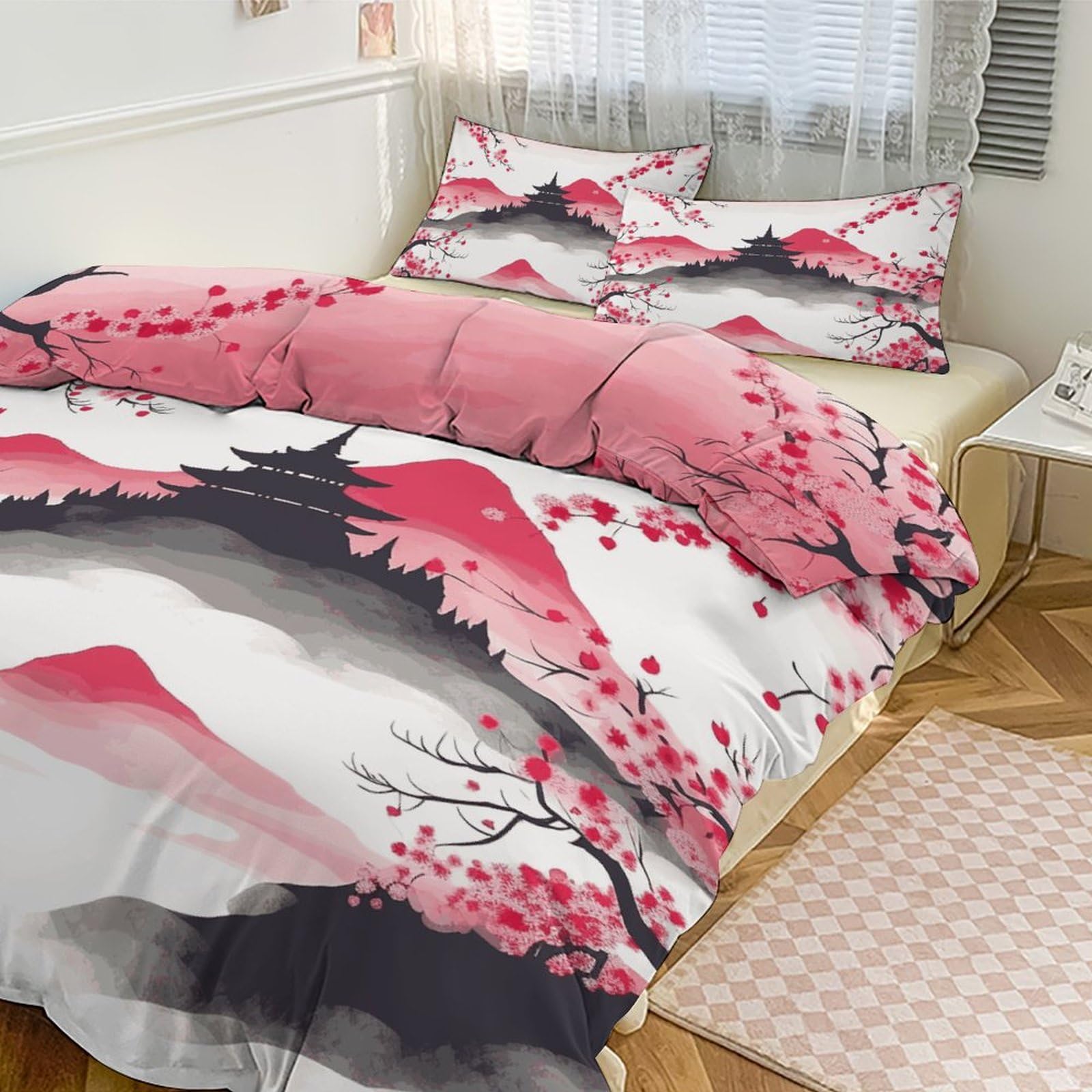 Parure de lit 3 pièces Mont Fuji et cerises 218x218 cm avec couette épaisse et taies