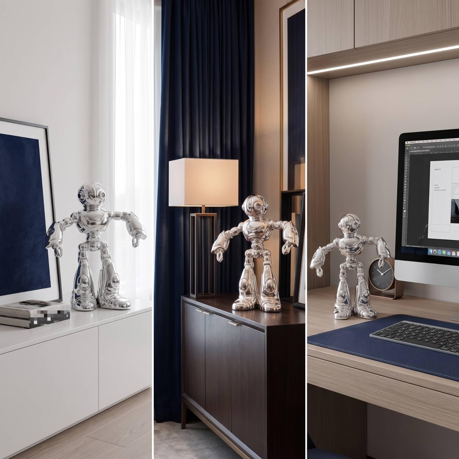 Roboterfigur Silbern Roboter-Figur Verspiegelt Roboter-Skulptur für Wohnzimmer, Schreibtisch, Büro