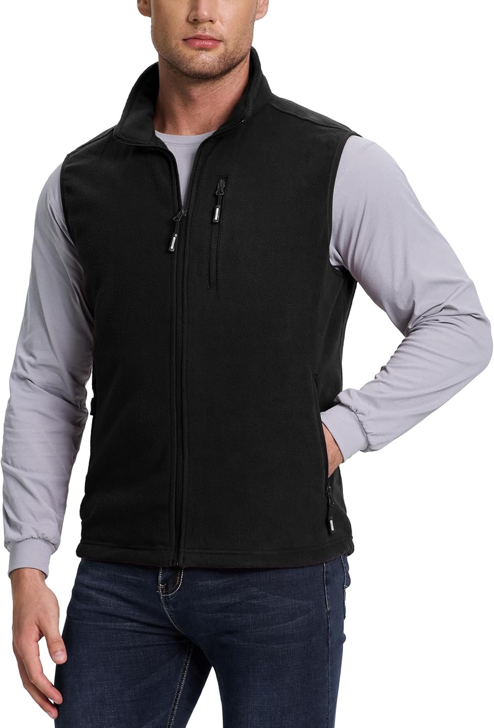 Outdoor Ventures Men's Full-Zip Lightweight Polar Fleece Vest Outerwear with 5 Pockets Warm Winter Sleeveless Jacket Casual