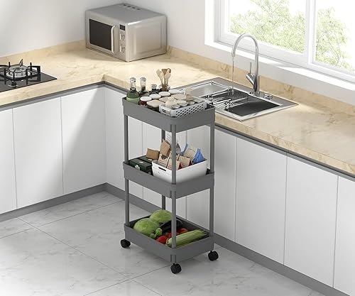 Miniatura 3 de Sooyee Carrito utilitario de plástico de 3 niveles con ruedas, carrito de almacenamiento multifuncional para oficina, sala de estar, cocina,
