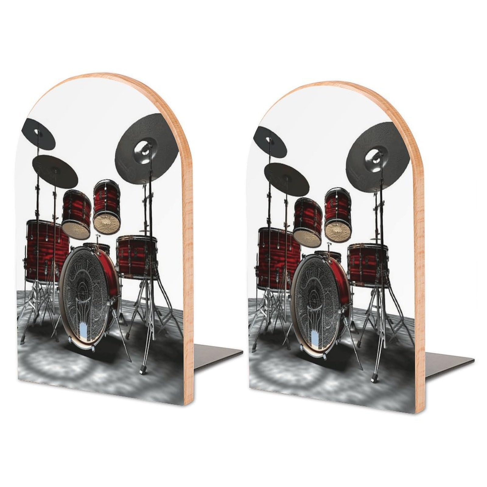 Cool Drum Set Bookend for Shelves Non-Skid Book Holder Modern Heavy Duty Bookend Stopper Metal Base Wood Book End Books Shelf Holder Home Decorative 1pair 6.7x3.9x4.7