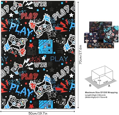 Miniatura 3 de Papel de regalo de cumpleaños para niños y niñas, amantes de los videojuegos, papel de regalo de videojuegos de 4 estilos, 8 hojas plegadas planas