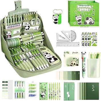 Panda Pencil Pouch Kit, Cute Stationery Set, Adorable Canvas Panda Theme School Supplies, Multi Pens and Notebooks for Kids, Girls, Boys, Teens, 13.39x9.45x2.36inch