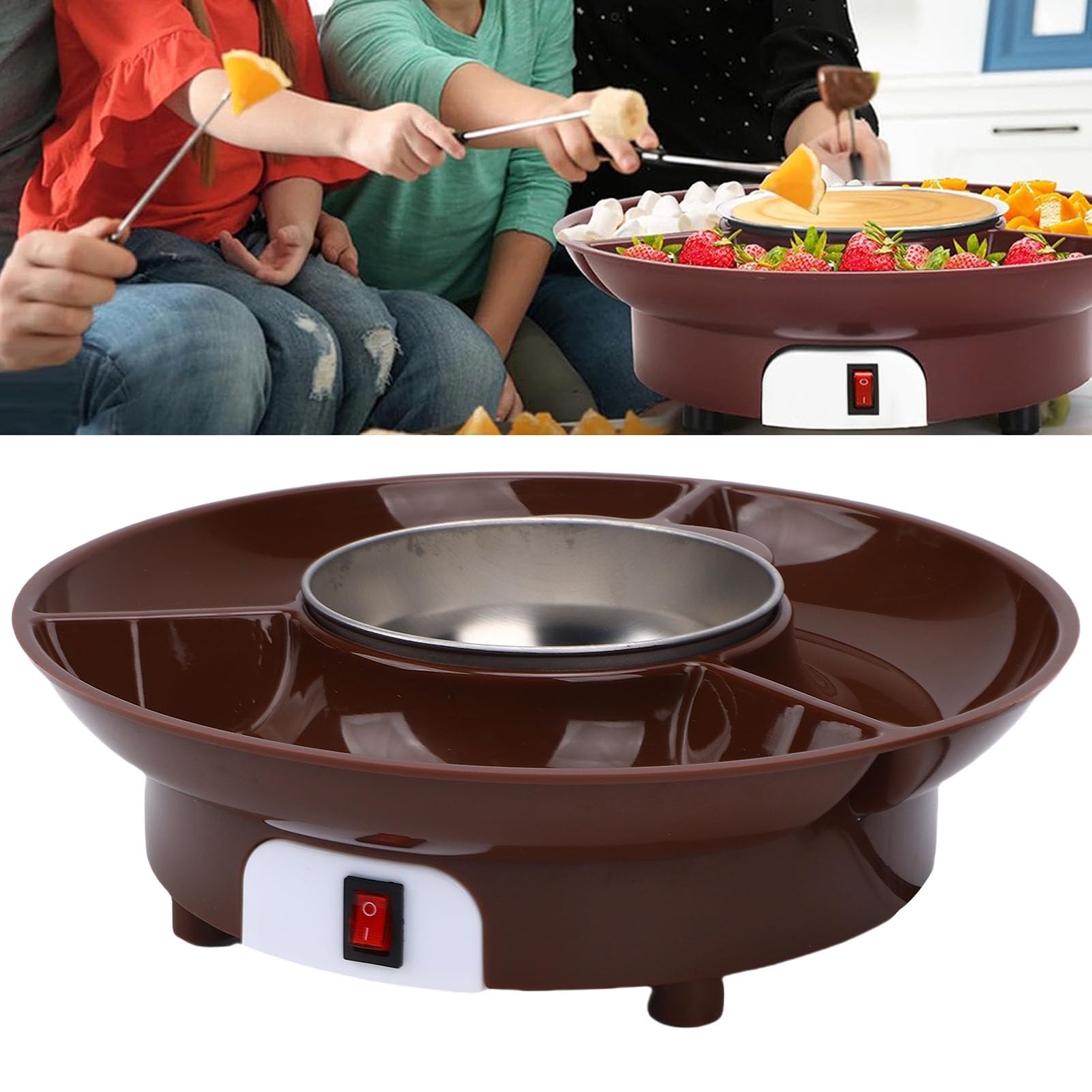 Fockety Pentola Elettrica per Fonduta di Cioccolato, Pentola per Fonduta in Acciaio Inossidabile per Uso Alimentare con Vassoio Staccabile a 3 Sezioni, Pentola Versatile per Fonduta (Spina europea