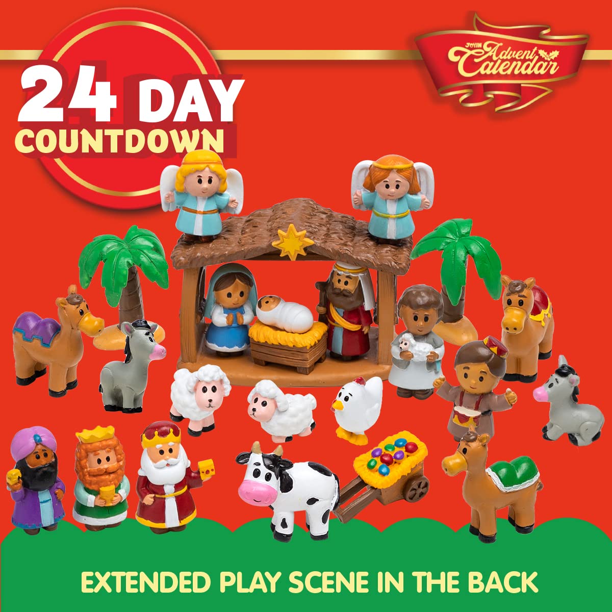 JOYIN 24 Pièces Calendrier de l'Avent de Noël 2025 Jouets Miniatures Ensemble de Figurines de la Nativité, Ensemble de Jeu de la Nativité, Calendrier du Enfants Cadeau de Fête de Noël