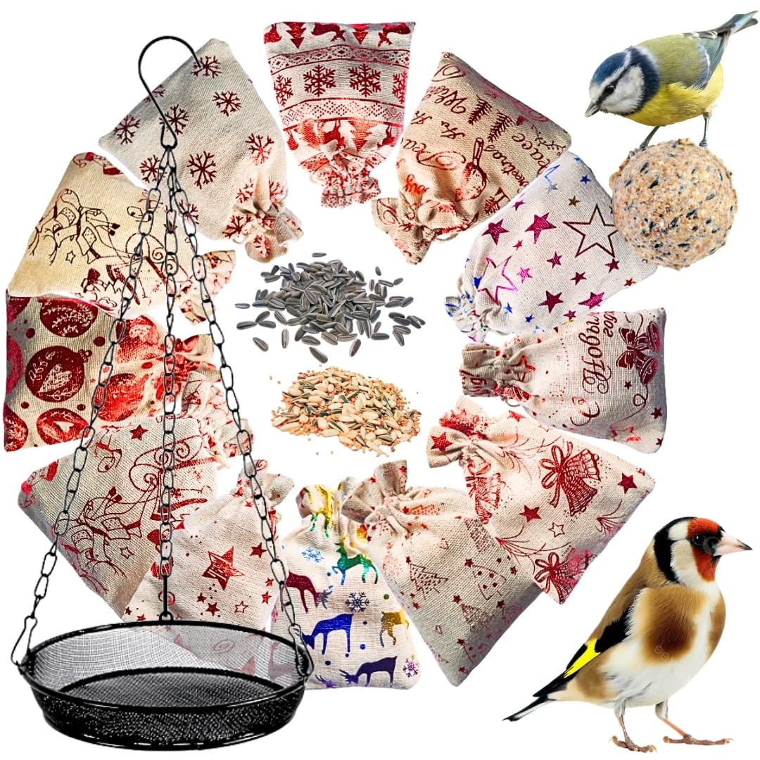 Calendrier de l’Avent pour Oiseaux du Jardin ANI’Nat – 24 friandises Naturelles sans Filet – Graines, céréales, Insectes, Boules de Graisse – Nourriture hivernale avec mangeoire