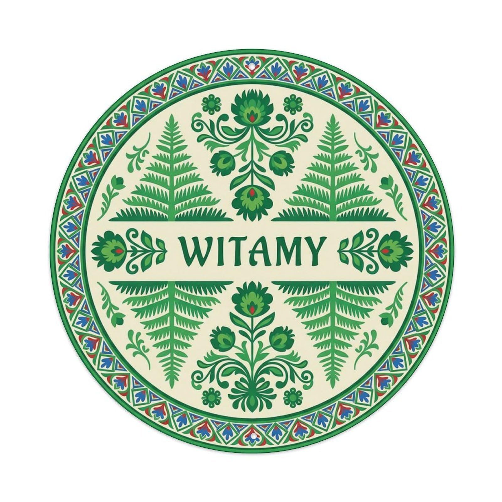 Vintage Polish Folk Art Witamy Welcome Bracken Fern Metal Tin Sign