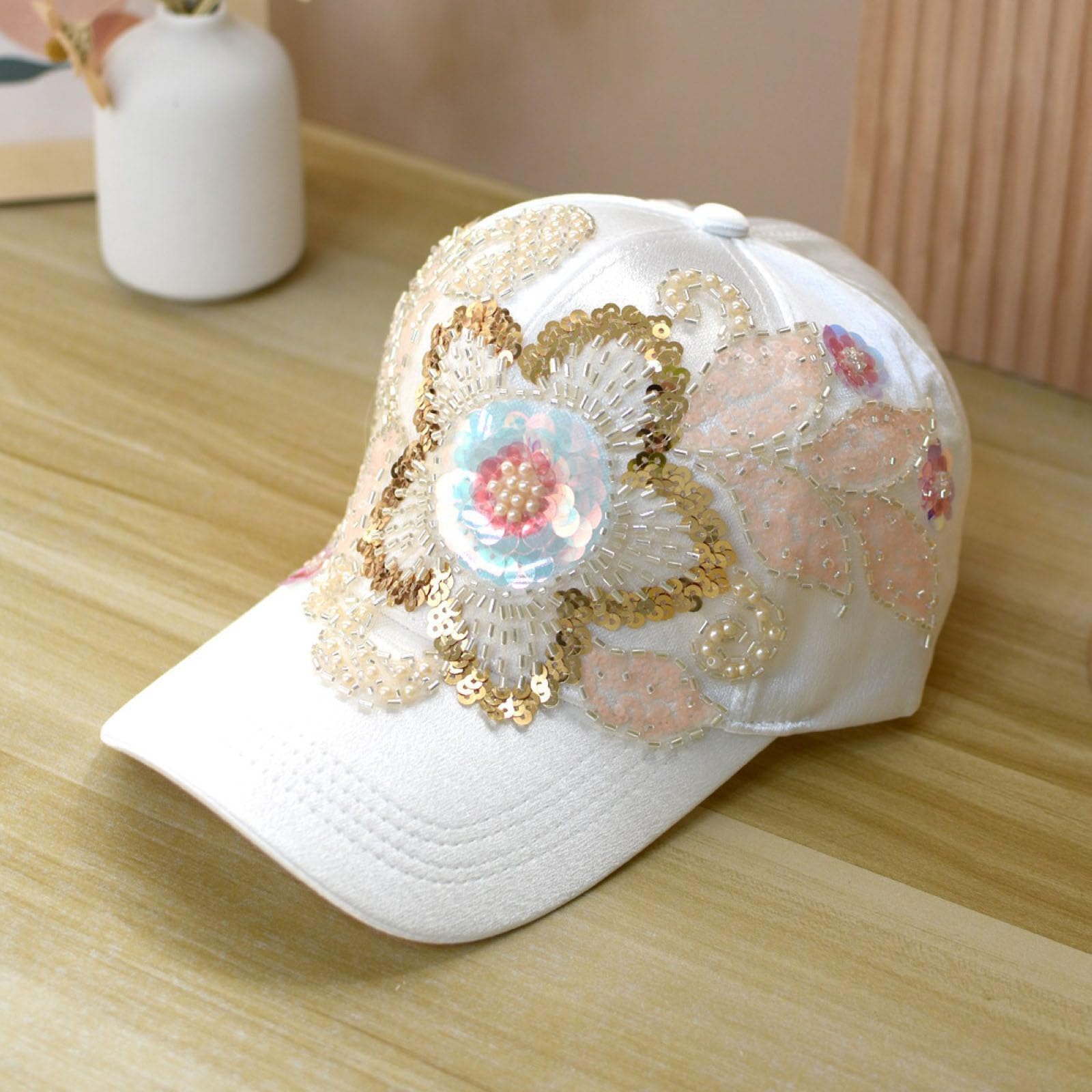 Cappellino Da Baseball Da Donna Con Paillettes Scintillanti Ricamo Floreale Paillettes Glitterate Moda Regolabile Estivo in Raso Cappello Da Sole