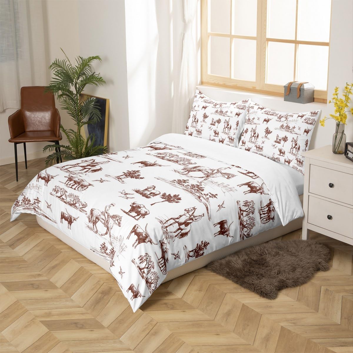 Western Cowboy Bedding Set Queen Size for Kids Boys Girls Wild Horse Cow Animals Duvet Cover Set 3Pcs Sketch Brown White Southwest Tribal Comforter Cover Rustic Farmhouse Quilt Cover,2 Pillowcase