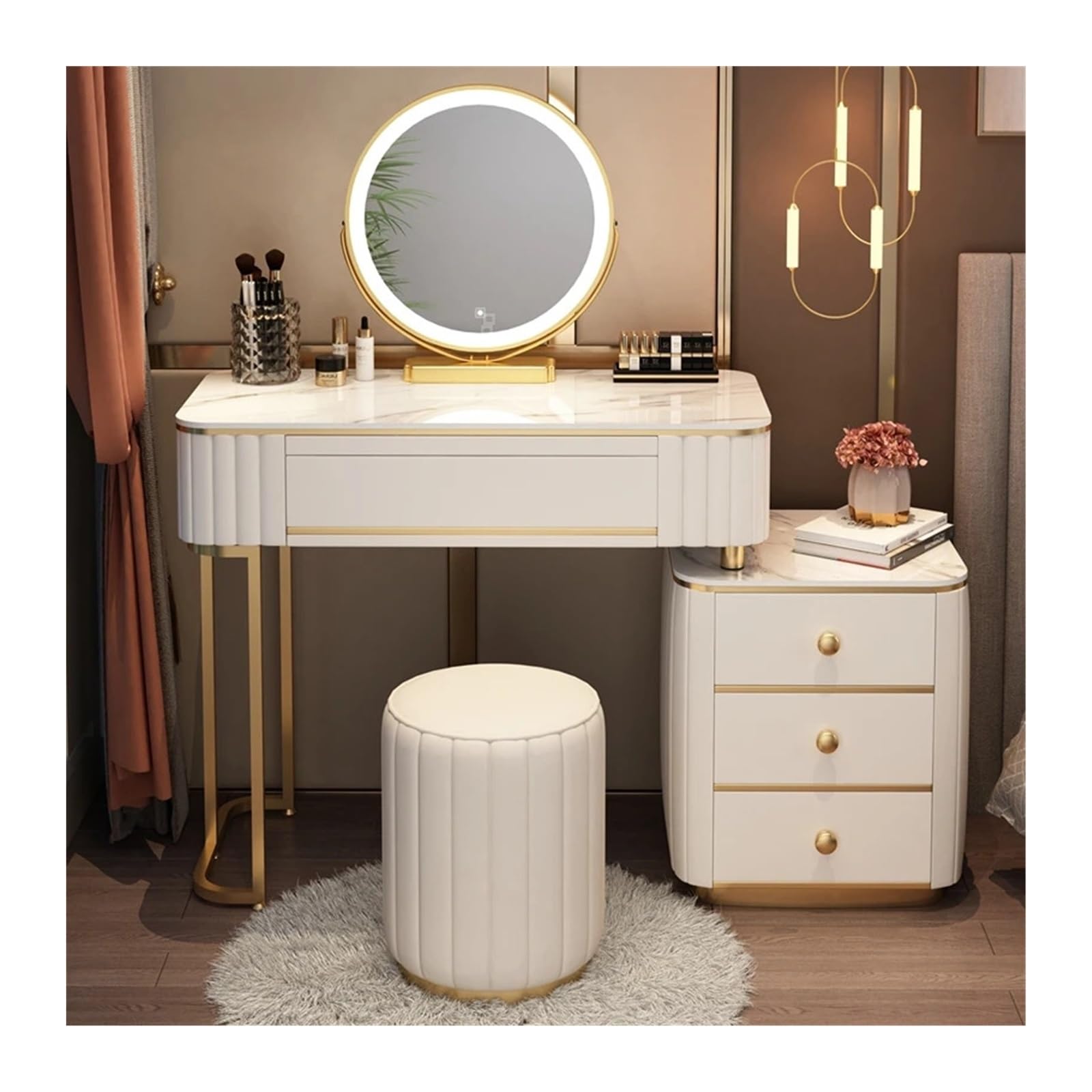 CGCSYZ Vanity Desk Luxury Dressing Table with Mirror Cushioned Stool Bedroom Dressing Table with Drawer Storage Bedroom Furniture Makeup Dressing Table (White L100cm)