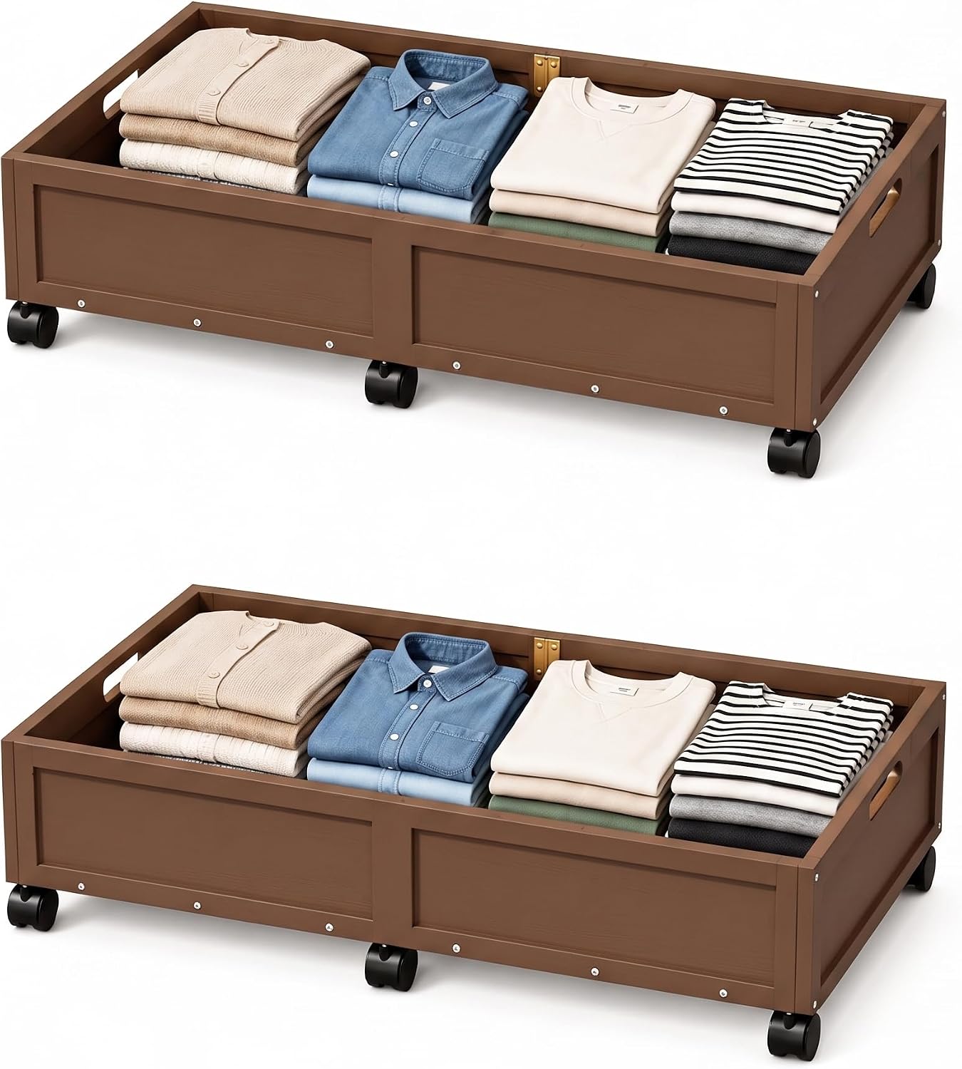2 Pack Bamboo Under Bed Storage Containers with Wheels, Brown