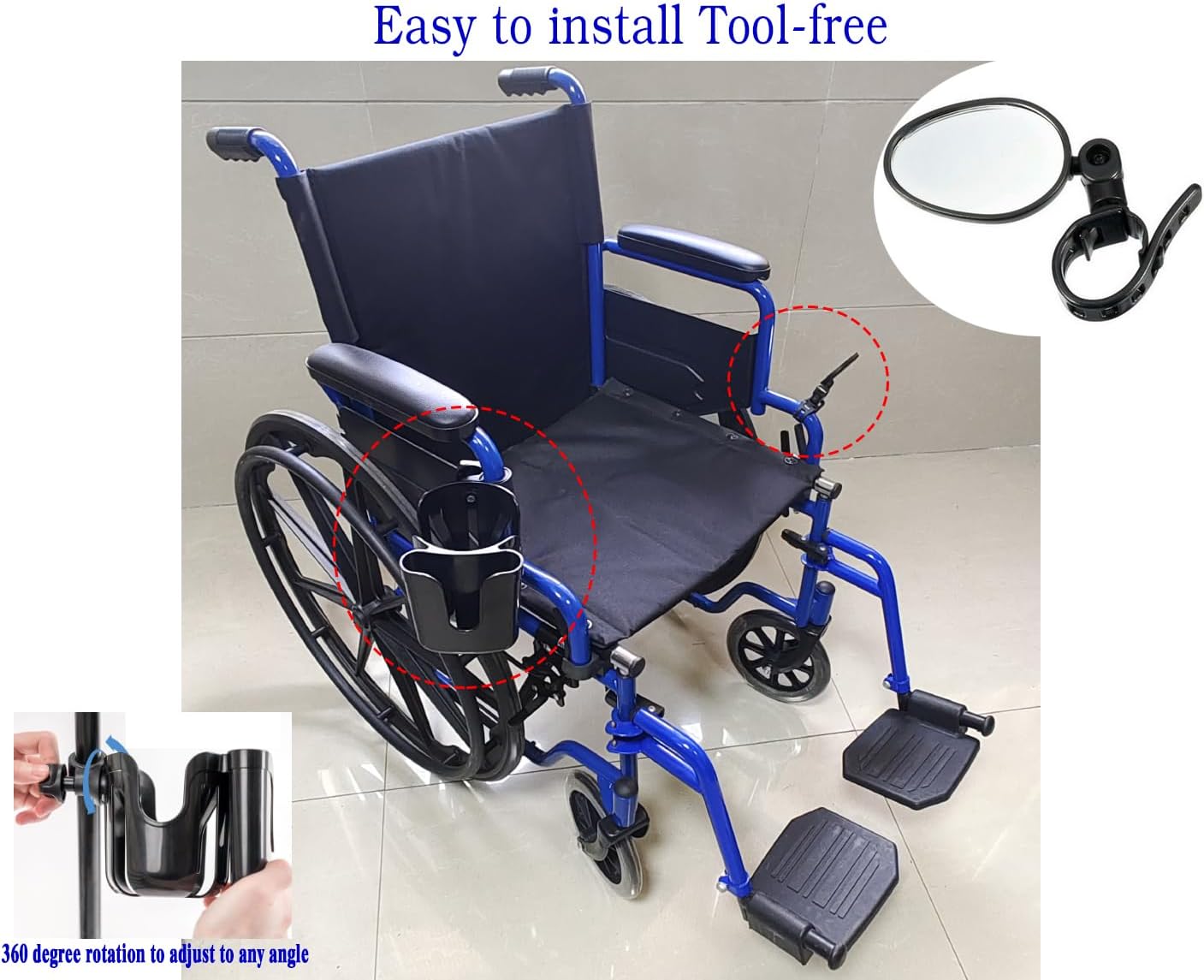 Universal Wheelchair Cup Holder with Phone Holder and Rearview Mirror.2-in-1 Cup Holder for Wheelchair, Knee Walker,Rollator,Transport Chair,Walker.Large Caliber,360 Degrees Rotation.(1Ea,Black)