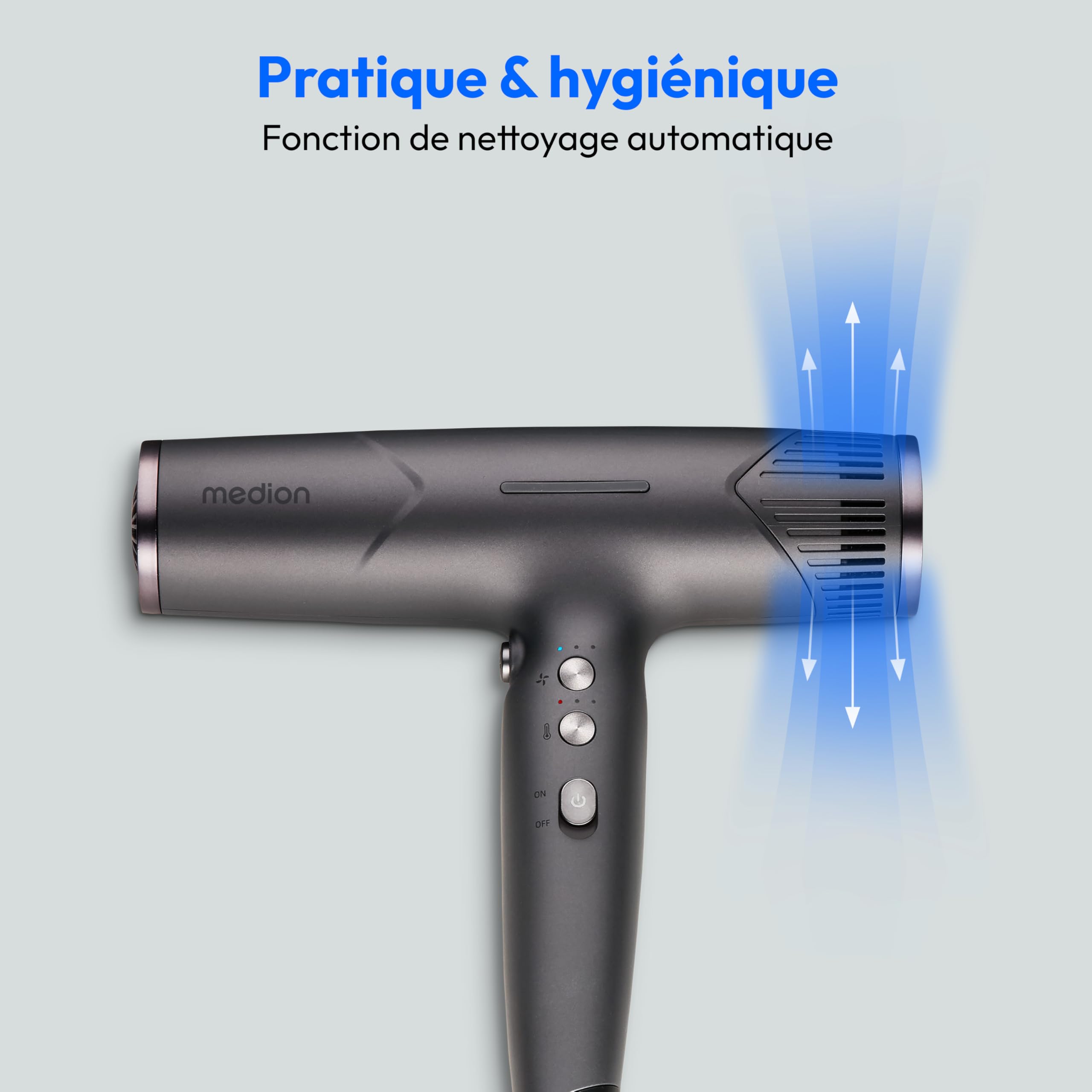 MEDION HD2 Sèche-cheveux (technologie ionique, 1 500 watts, embouts polyvalents Diffuseur & Buse de styling, moteur BLDC longue durée, fonction autonettoyante, long cordon d'alimentation) gris