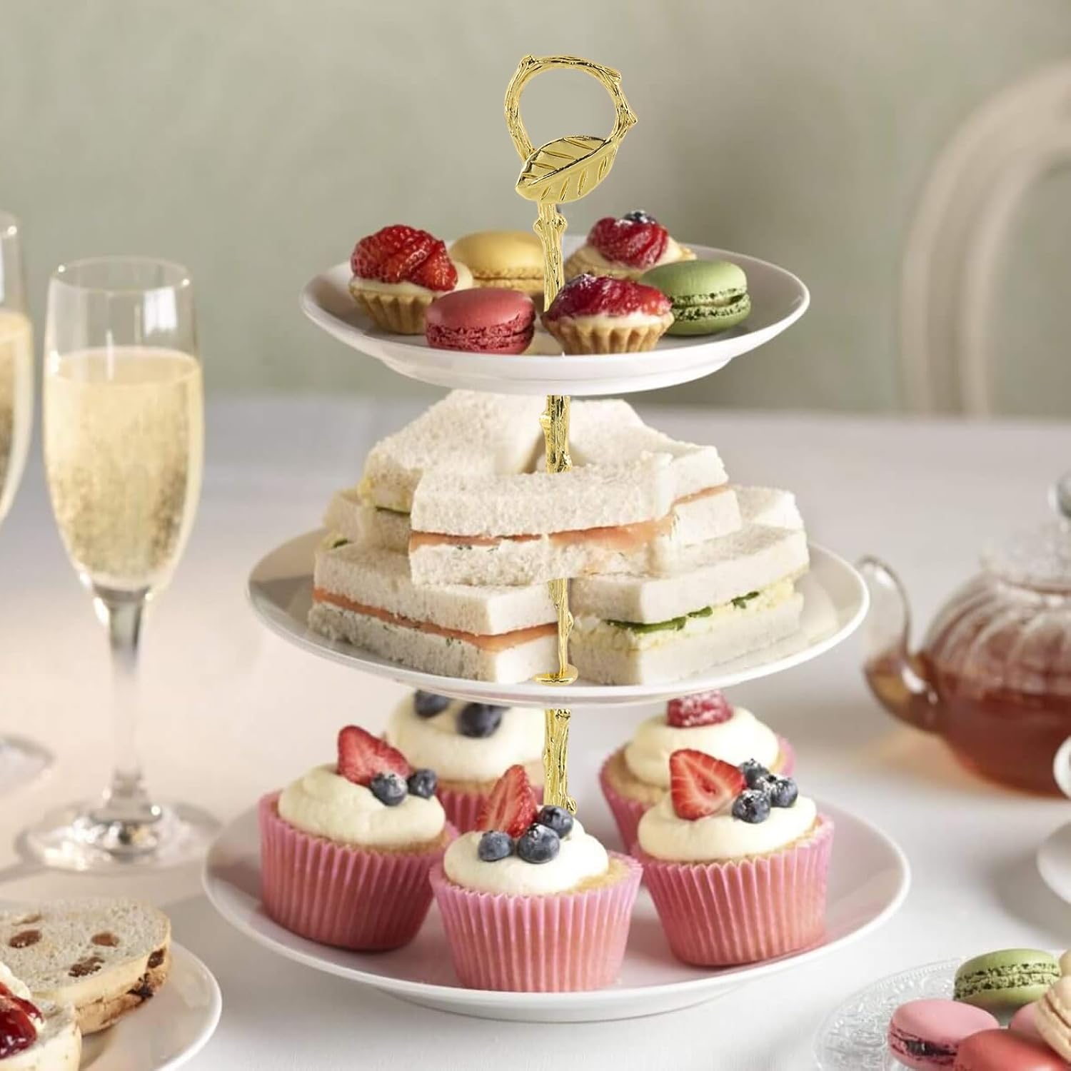 3 Set Metal 3 Tier Leaf Cake Stand Centre Handle Fittings, Fruit Heavy Plate Handle Fittings Hardware Rod(Gold)