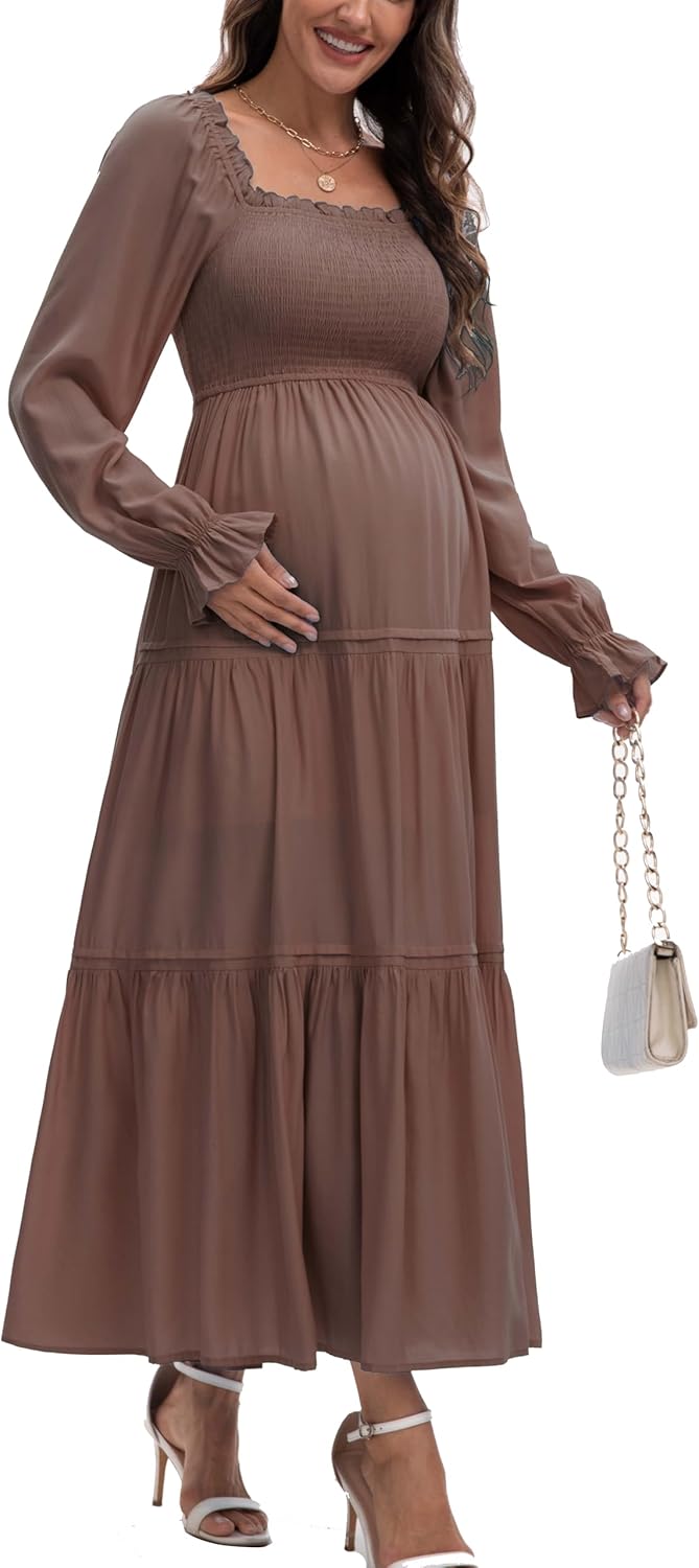 Women's Fall Long Sleeve Maternity Maxi Dress Flowy Tiered A Line Photoshoot Baby Shower Dress - Image 4
