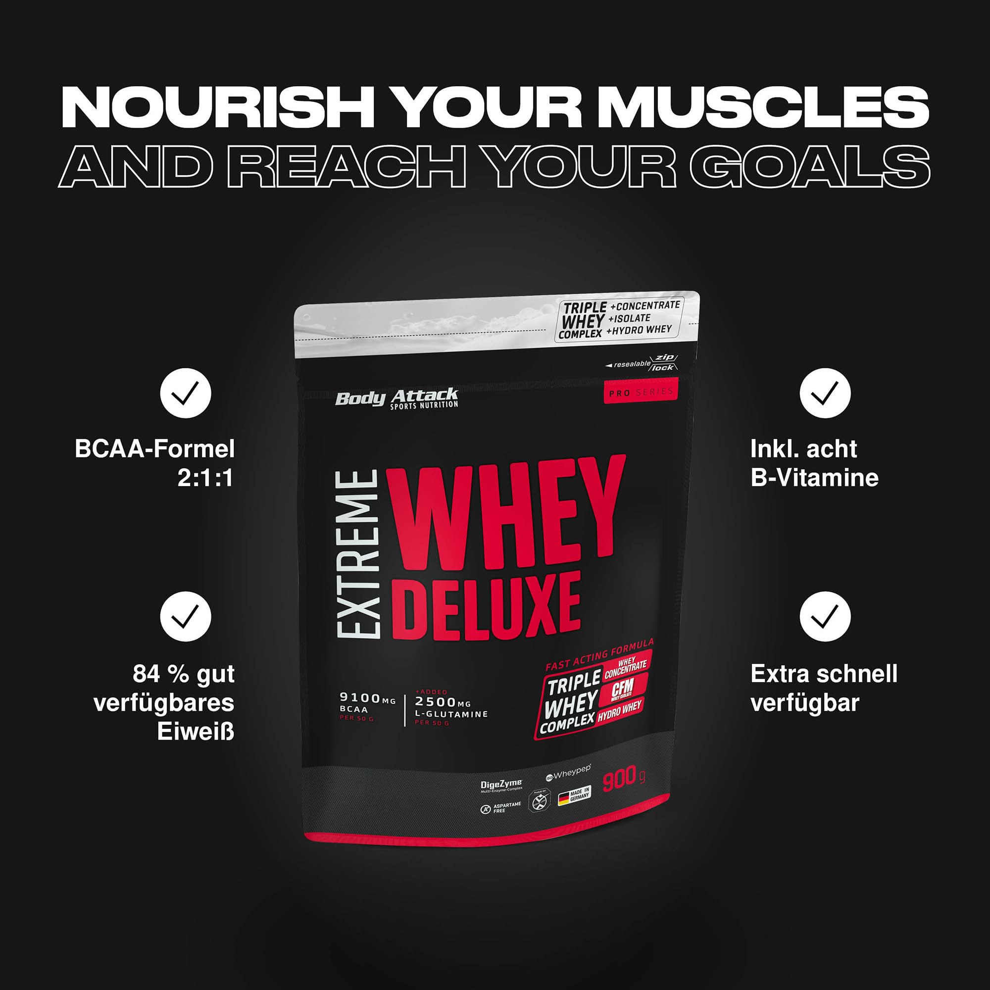 Body Attack Whey Protéine Extreme Deluxe-Protein powder avec des acides aminés, Complexe triple-Whey, CFM Whey Isolate-Parfait pour poids musculation, Fabriqué en Allemagne, 900g, Cookies