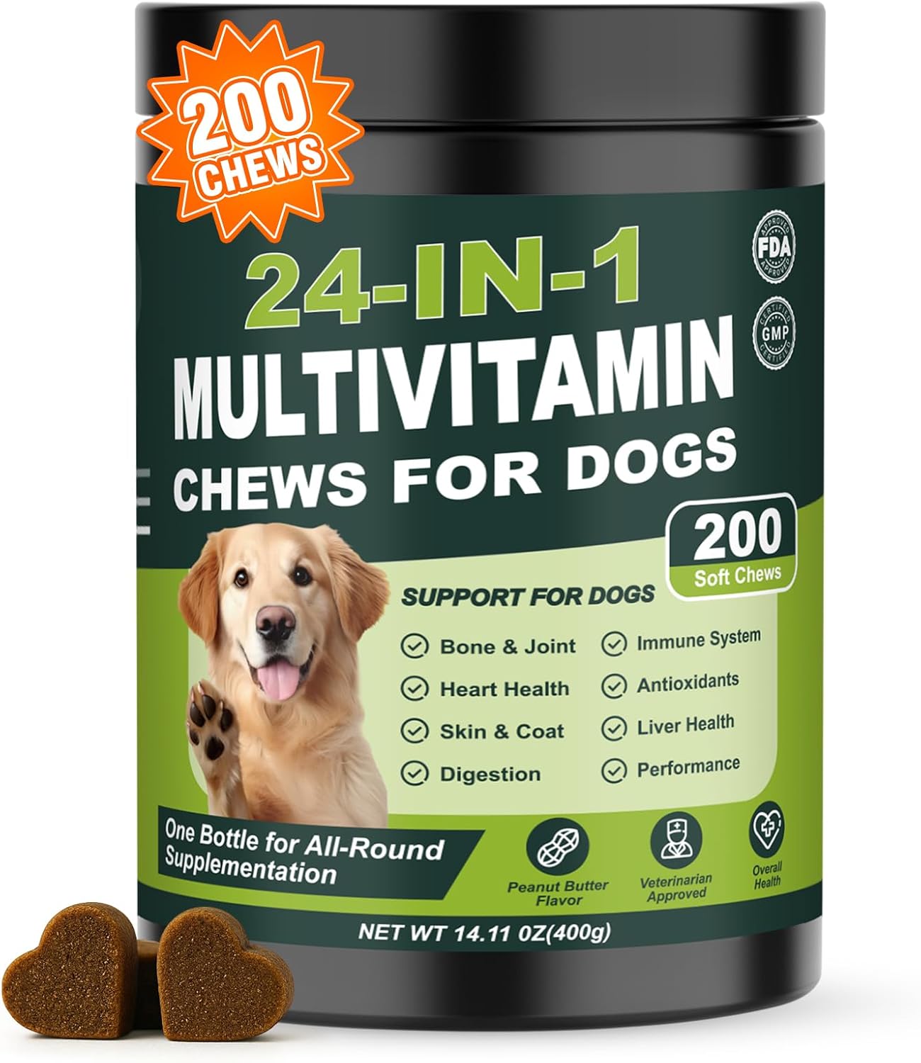 24-in-1 Dog Multivitamins Chewable, 200 Count Dog Vitamins and Supplements with Glucosamine Chondroitin Probiotics Omega-3 for Skin Coat Hip Joint Heart Liver Brain Eye Support – Peanut Butter