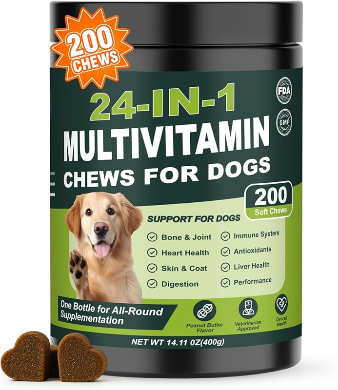 Multivitamínico para Cães Tciika com 24 Nutrientes e Suplementos Mastigáveis, 200 Unidades