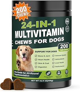 24-in-1 Dog Multivitamins Chewable, 200 Count Dog Vitamins and Supplements with Glucosamine Chondroitin Probiotics Omega-3 for Skin Coat Hip Joint Heart Liver Brain Eye Support - Peanut Butter