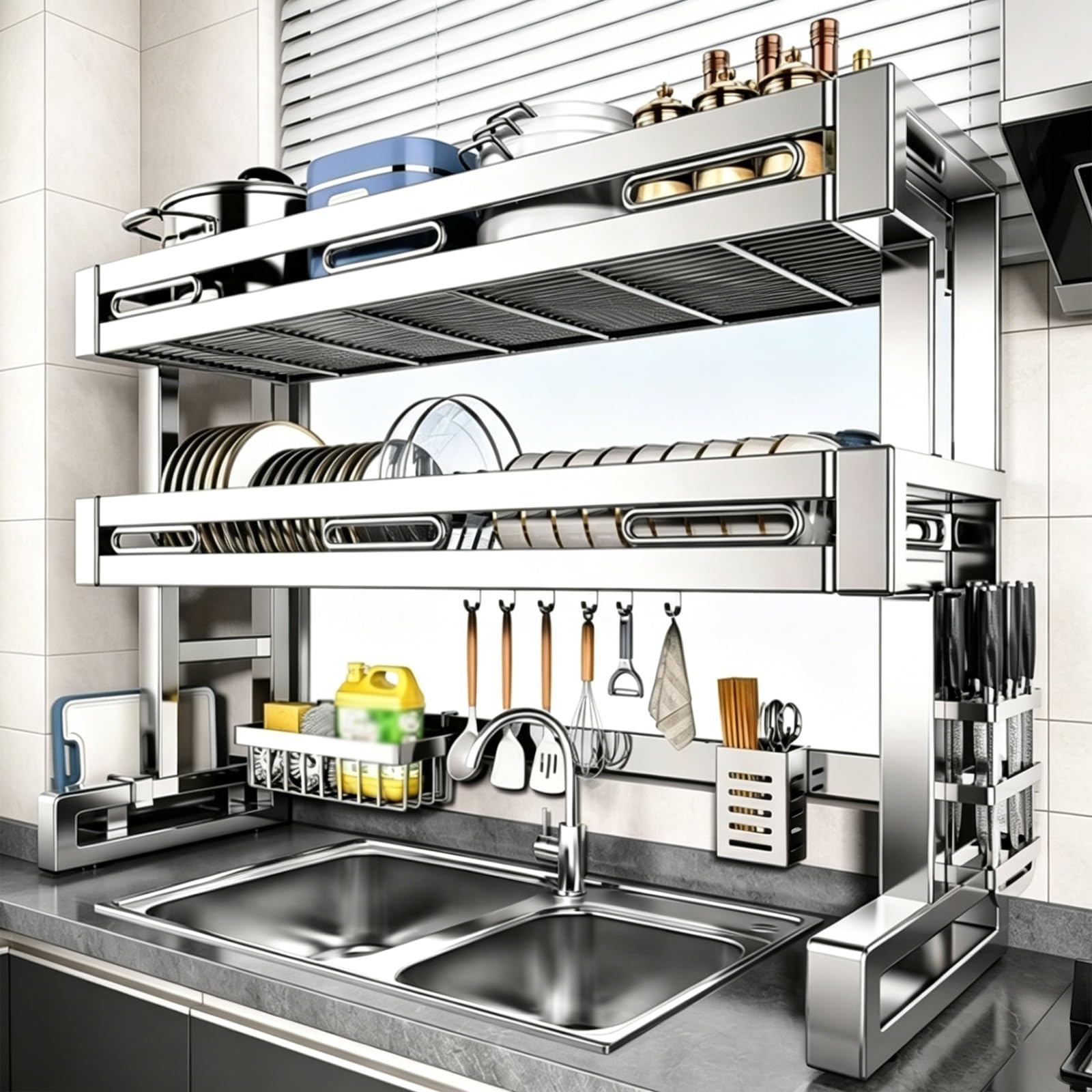 Escurridor de platos de acero inoxidable, organizador de vajilla de cocina de acero inoxidable, almacenamiento que ahorra espacio para platos, cuencos, vasos, cubiertos, solución de organización de