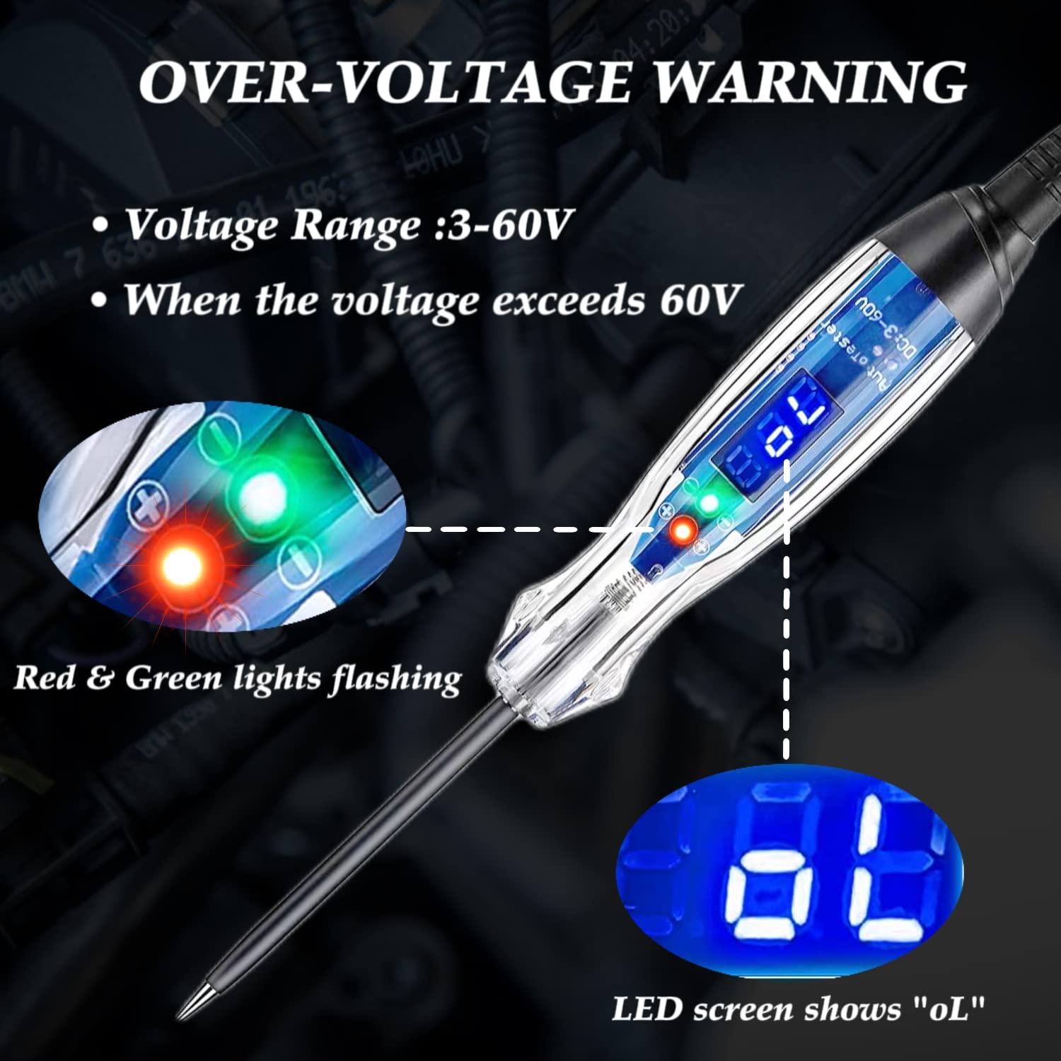 Test Light Automotive, 3-60V DC LED Digital Circuit Tester, Heavy Duty Light Tester with Voltmeter, Auto Voltage Tester Electric Probe Test Pen for Fuse, Battery, Polarity