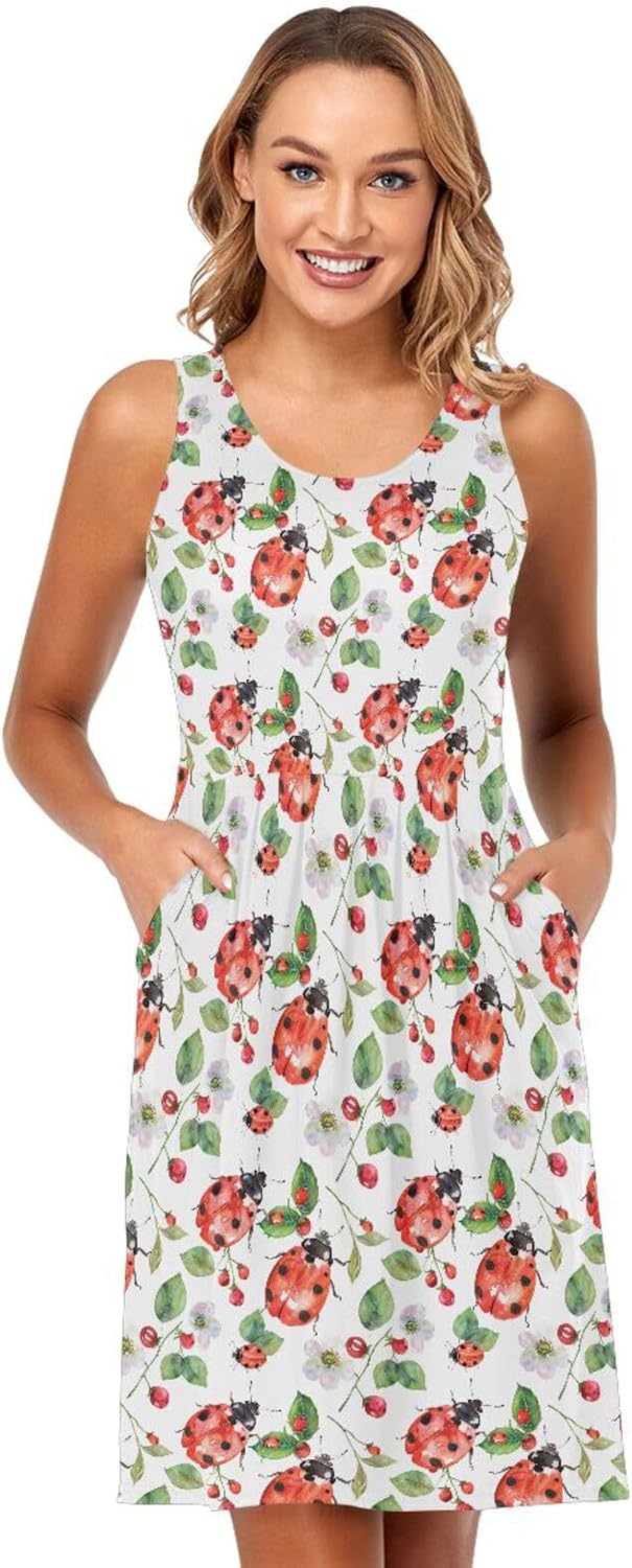 ALAZA Summer Dress Lady Bug Flower Leaf Sun Dresses Sleeveless w/Pockets