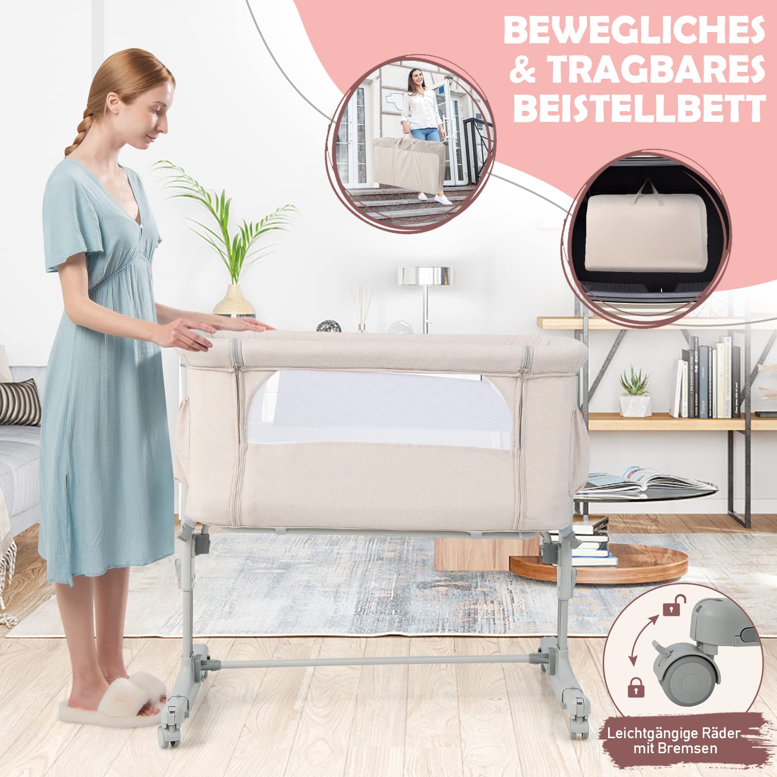 COSTWAY 3 in 1 Beistellbett & Babywiege & Reisebett, 5-stufig Höhenverstellbares Babybett, neigbar, Kinderbett inkl. Matratze, Tragetasche, Stubenwagen für Babys bis 9kg belastbar (Beige)