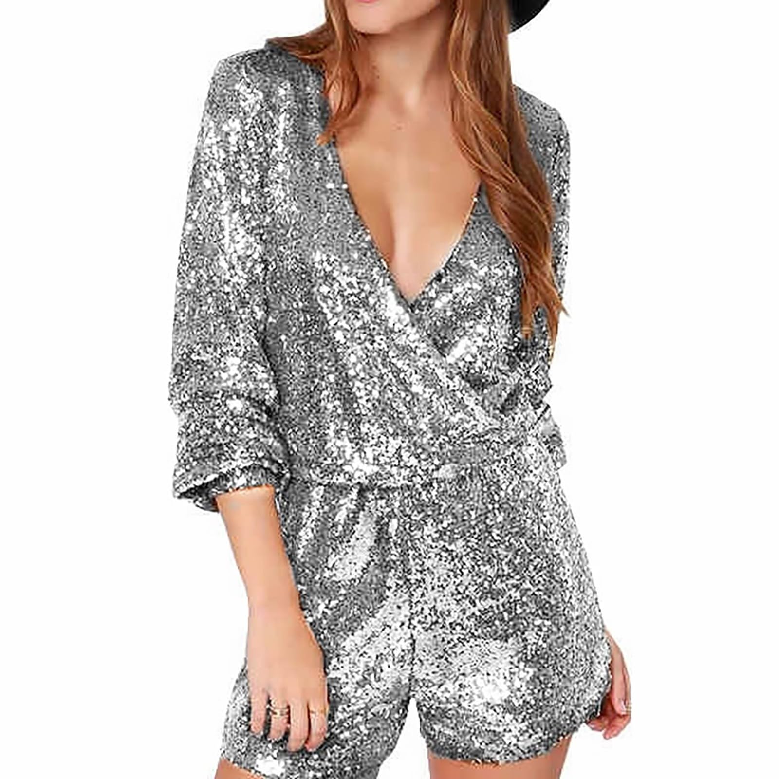 Generisch Combinaison à paillettes pour femme - Manches longues - Sexy - Col en V - Combinaison brillante - Barboteuse cintrée - Combinaison d'été élégante pour club et fête