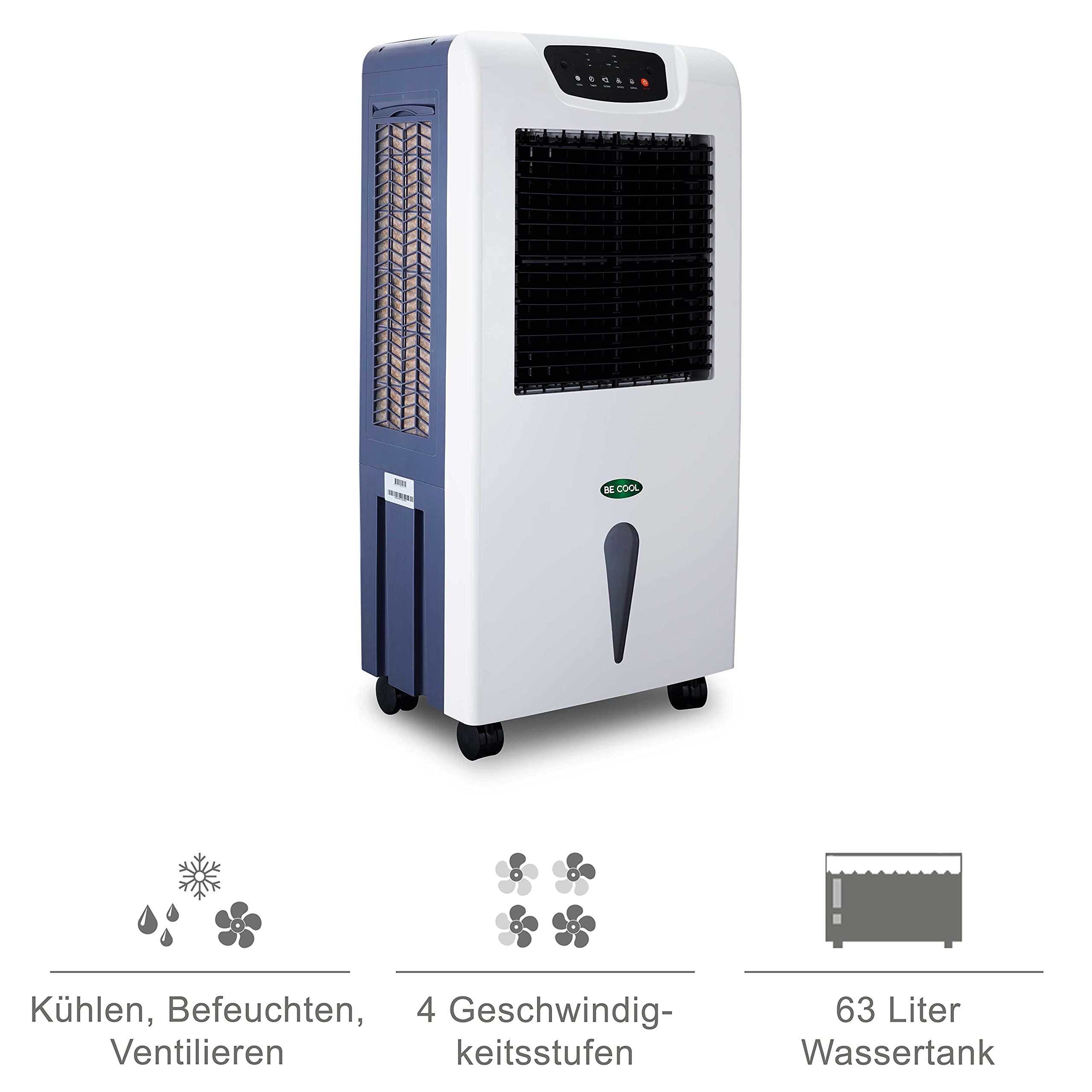 BE COOL Chłodnica powietrza z chłodzeniem wodnym, 3 w 1, nawilżacz powietrza, wentylator, funkcja wychylenia, oczyszczacz powietrza z jonizatorem, 4 stopnie, zbiornik na wodę 63 l, timer, biały/szary