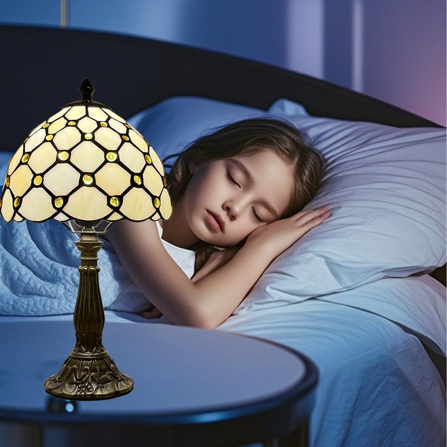 Tiffany Table Lamp Cream Amber Pearl Style Stained Glass Lamp 3 Color Temperature Desk Lamps for Bedroom Living Room Offic Study Room 8 Inches(Including LED Bulbs)