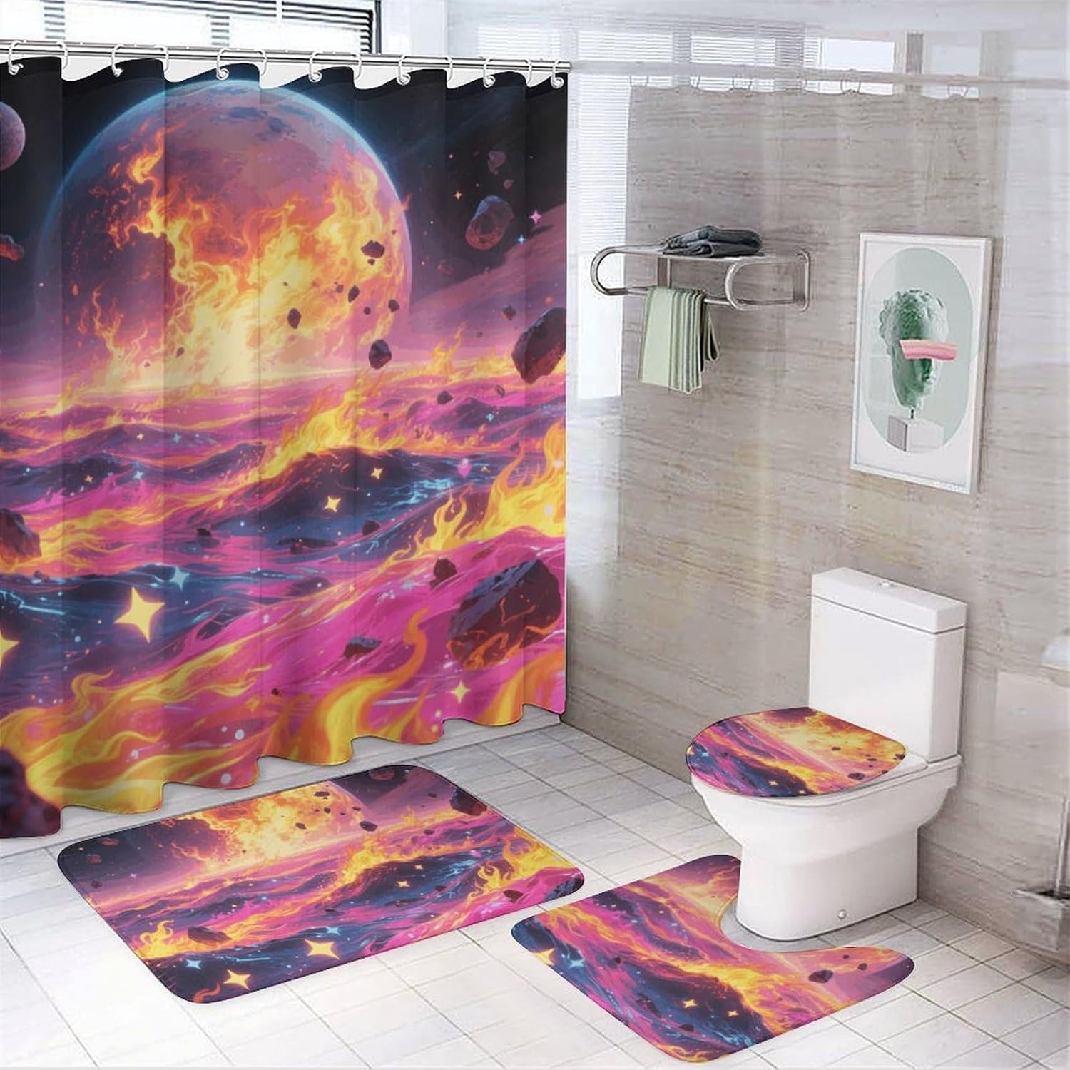 Cool Fire Shower Curtain Set 4 Piece, Non-Slip Bath Mat with Toilet Lid Cover and Waterproof Shower Curtain with 12 Hooks, Complete Bathroom Set for Home Decor