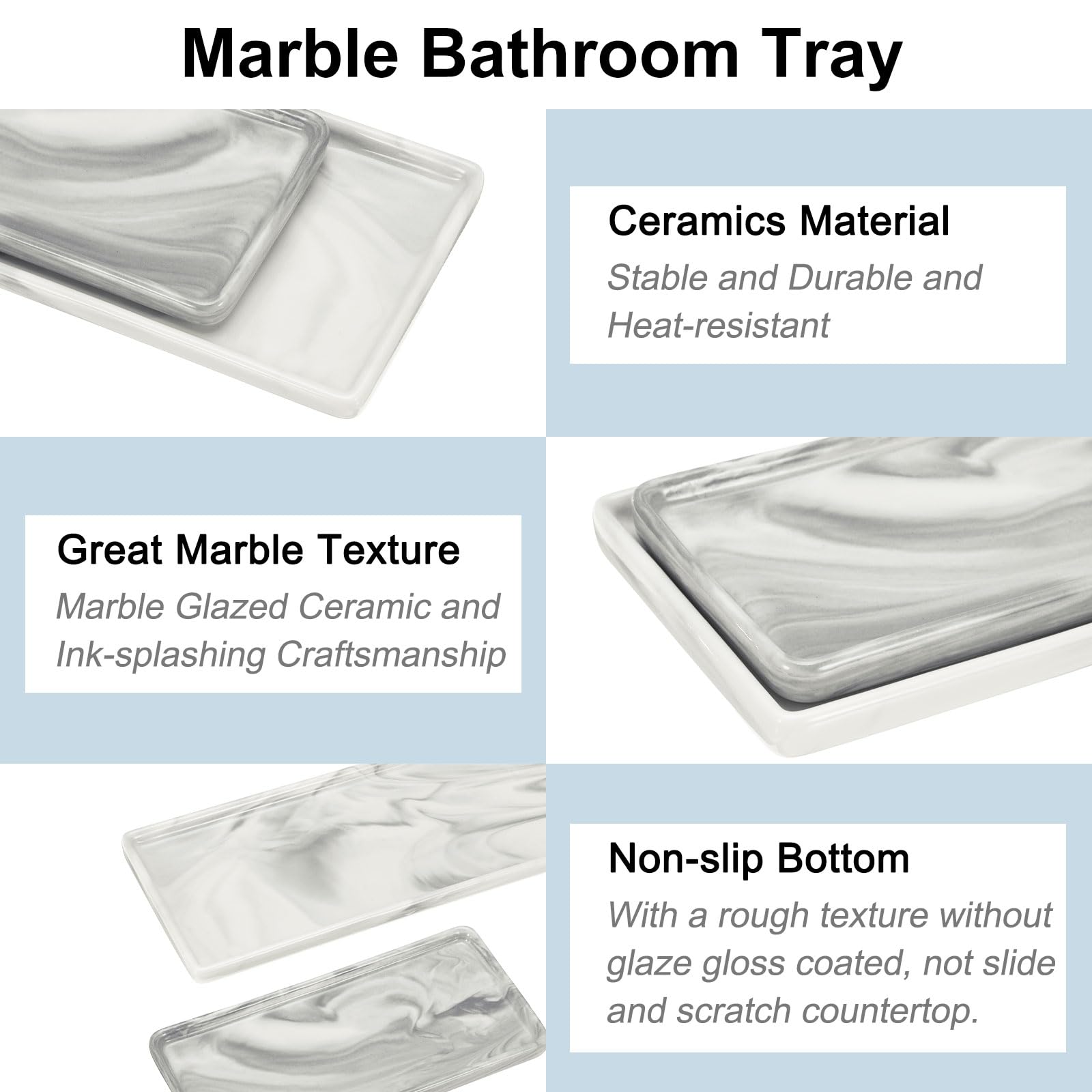 uxcell Lot de 2 plateaux en marbre pour salle de bain - 2 tailles - Petit plateau rectangulaire en céramique pour comptoir, salle de bain, savon, évier de cuisine - Plateau à bijoux - Gris