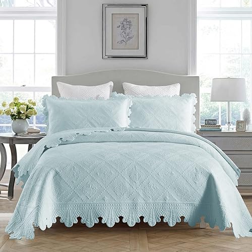 Miniatura 2 de vctops Juego de colcha bordada de algodón de 3 piezas, tamaño Queen, ligera, suave, sólida, con fundas de almohada para todas las estaciones (azul,