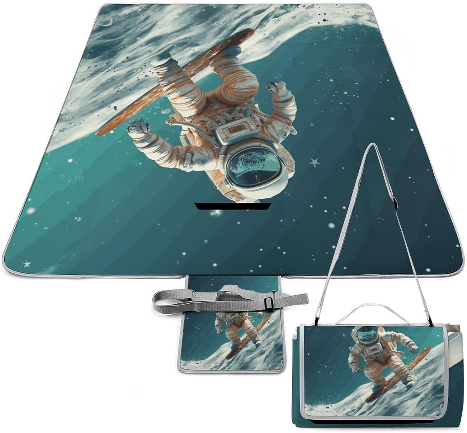 Astronaut on Skis Waterproof Picnic Blanket 58.3''x58.3'',Portable and Foldable Picnic Mat with Handle,Outdoor Blankets for Lawn Park Beach Travel