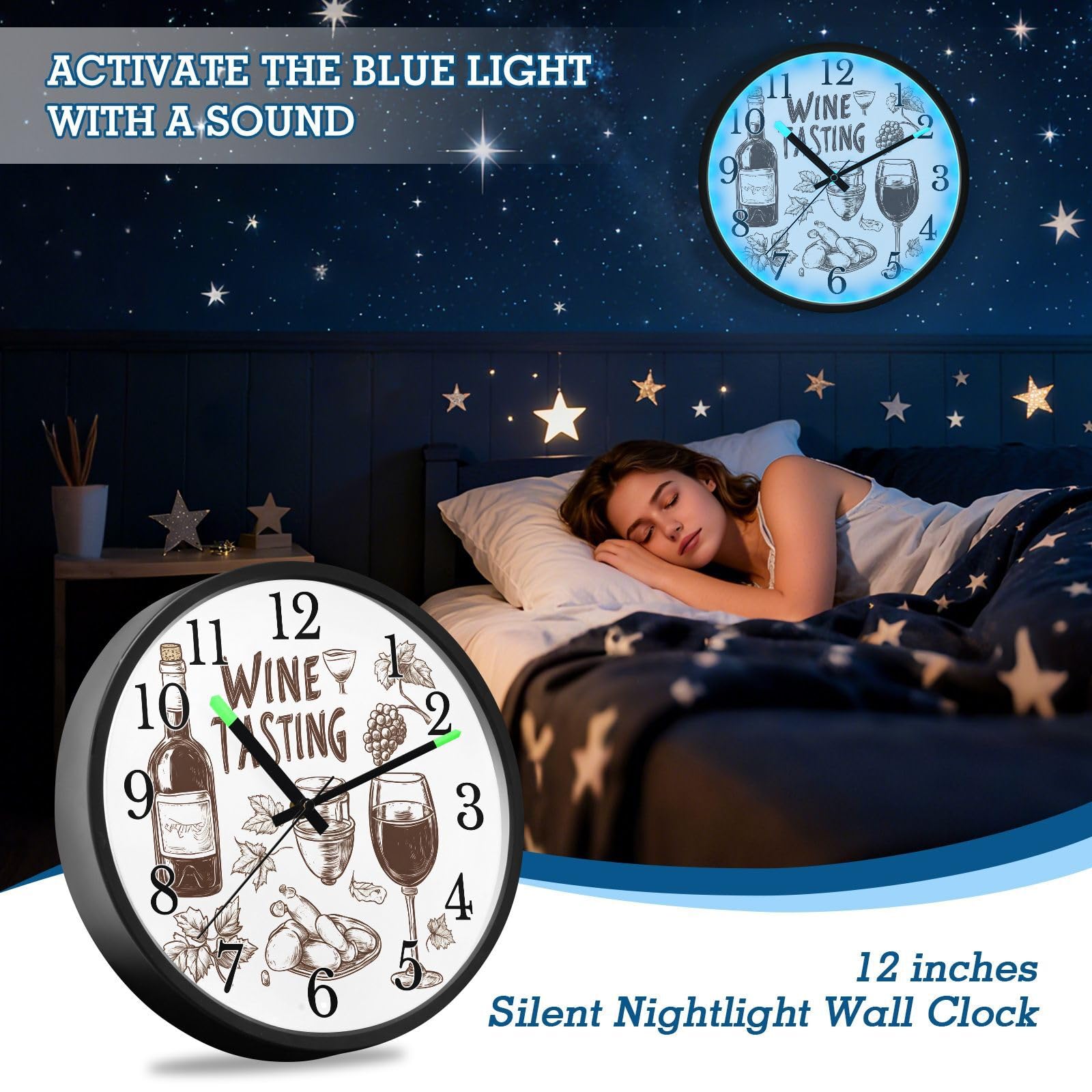 Mnsruu Reloj de pared luminoso para dormitorio, funciona con pilas, silencioso, brilla en la oscuridad, para sala de estar, cocina, 12 pulgadas