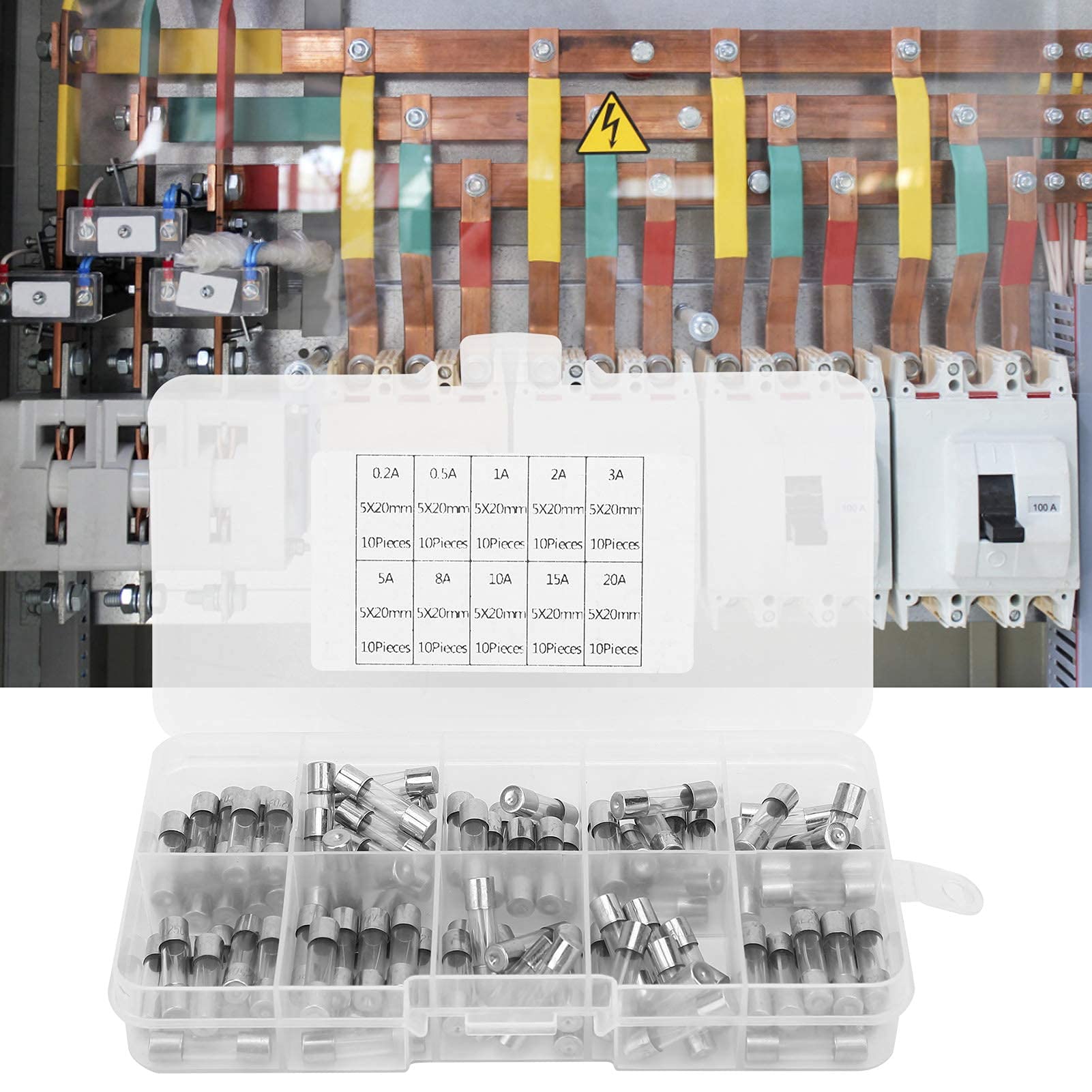 100 Szt. Bezpiecznik Szklany 5x20mm 0.2/0.5/1/2/3/5/8/10/15/20AMP ​​zestaw Bezpieczników Szklanych Różne Materiały Przemysłowe o Silnych Właściwościach Mechanicznych