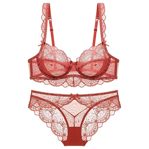 Guoeappa Women's Lace Bra and Panty Sets Underwired Lingerie Set Push Up Sheer Bras - Light Red - 32D
