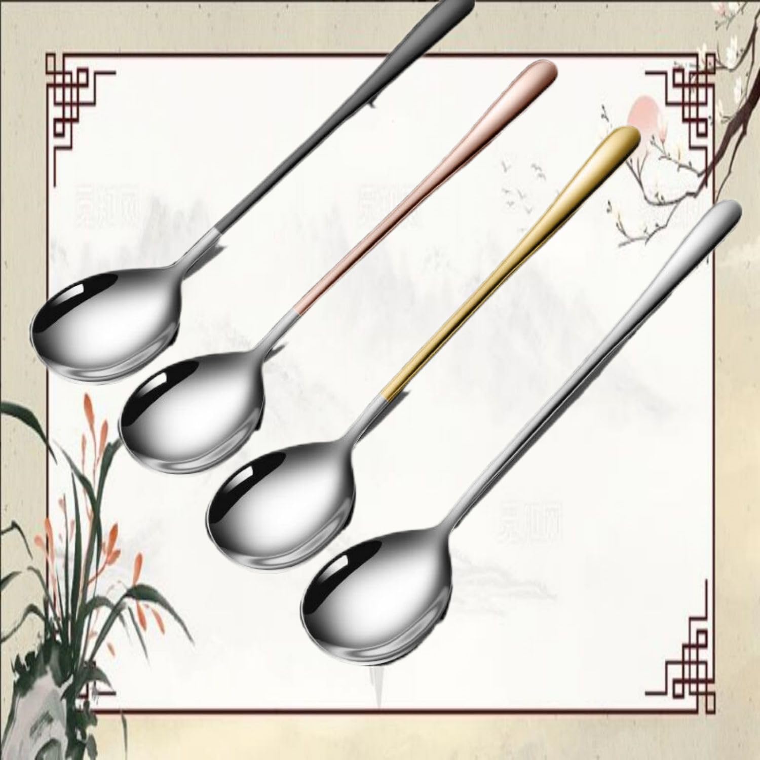 2支装316不锈钢勺子 Stainless Steel Long handled soup spoons，Spoons,Meal spoon 韩式长柄小汤勺吃饭饭勺女家用汤匙主餐勺 Household Cleaning，Kitchen Storage Essentials