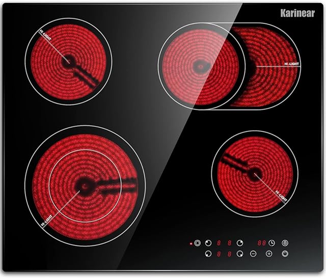 Karinear Ceramic Hob, 60cm Built-in 4 Zones Electric Cooktop with Dual Oval Zone 6600W, Hard Wired, No Plug Included
