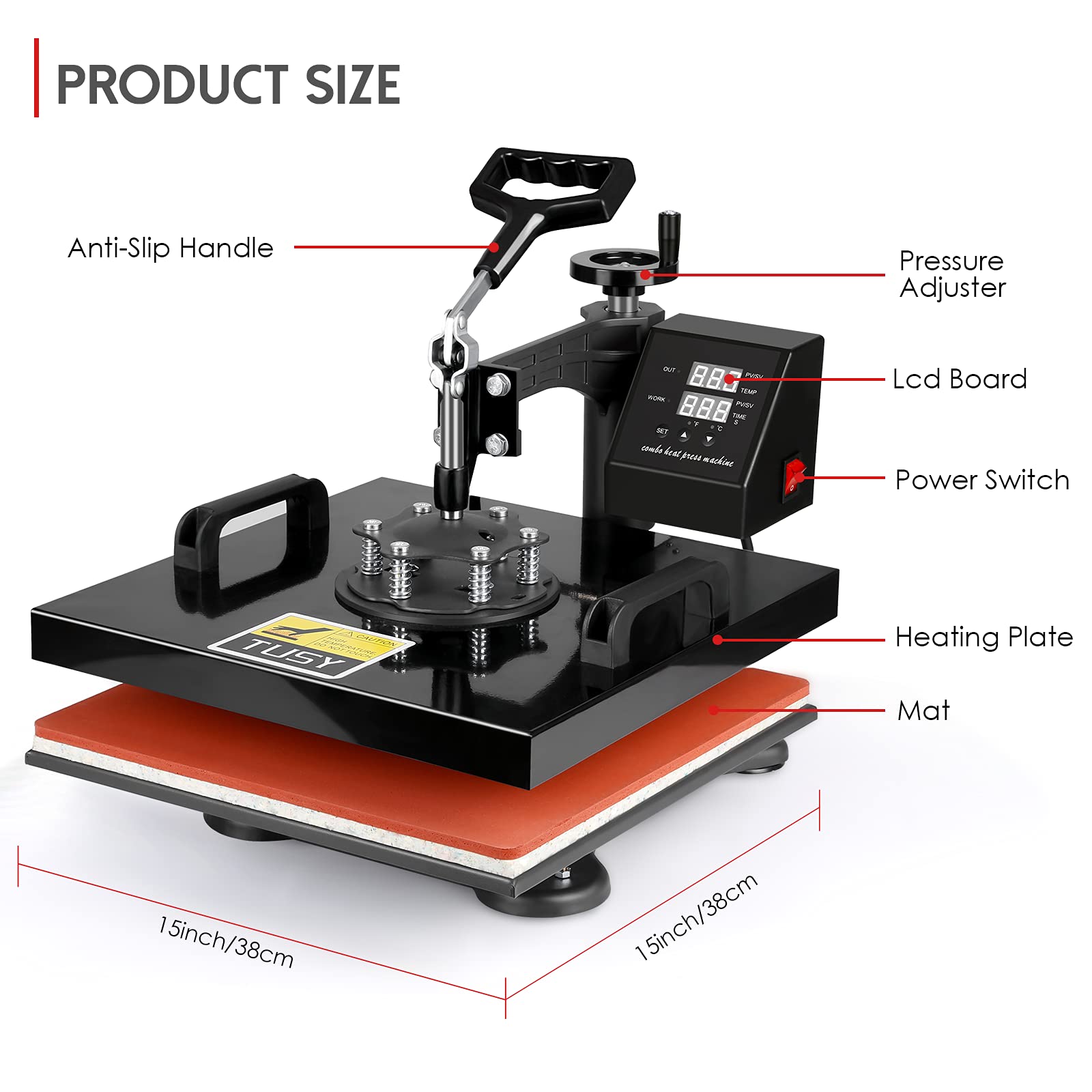 ACTUAL COLOR IS GREEN Pro 5 in 1 TUSY Heat Press 15x15, Swing Away Heat Press Machine, Digital Industrial Heat Press Machine for T-Shirts, Hats, Mugs, Plates
