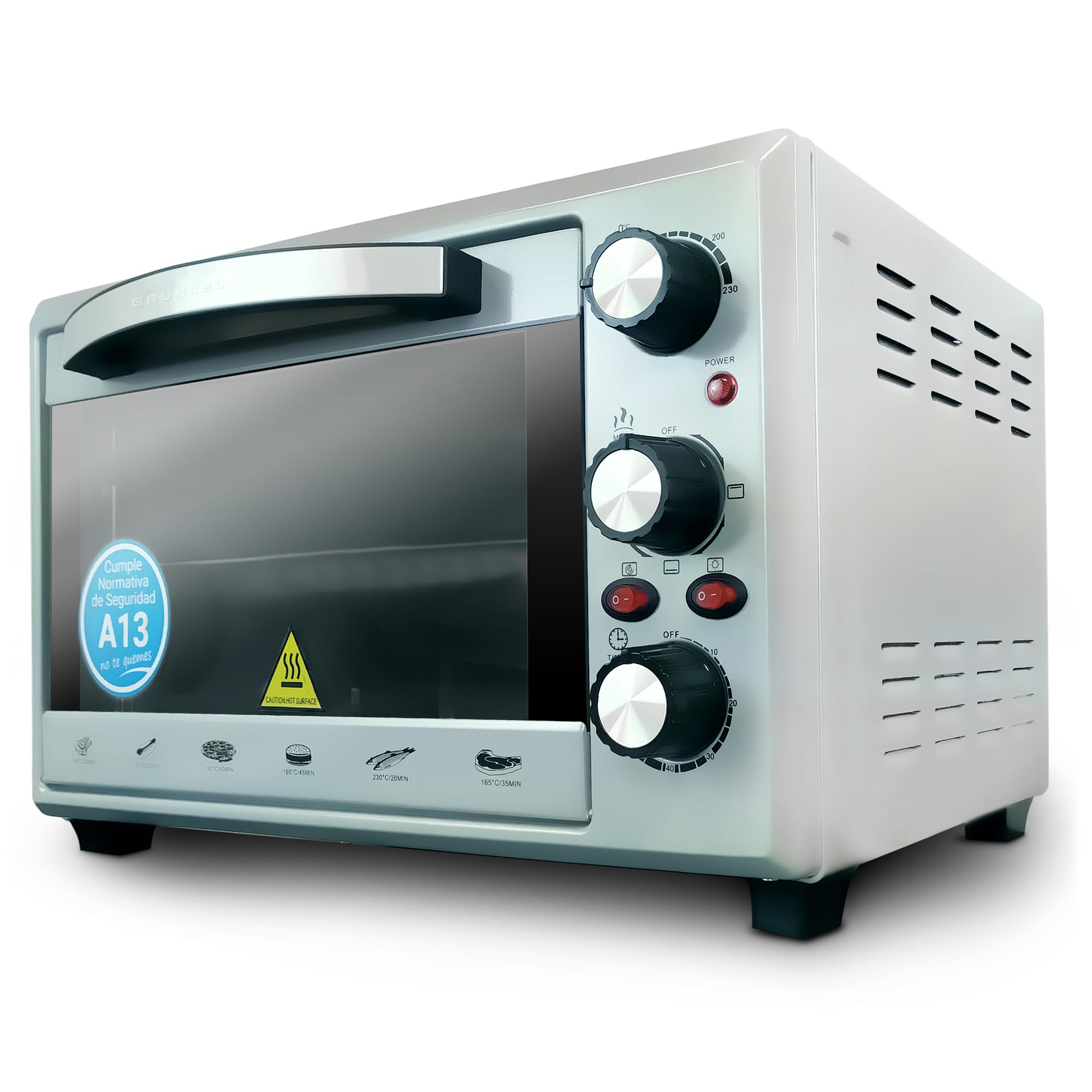 Grunkel Horno eléctrico multifunción de sobremesa de 28L con 3 funciones de calor y selector de temperatura hasta 230ºC. Temporizador hasta 60 min - 1600W