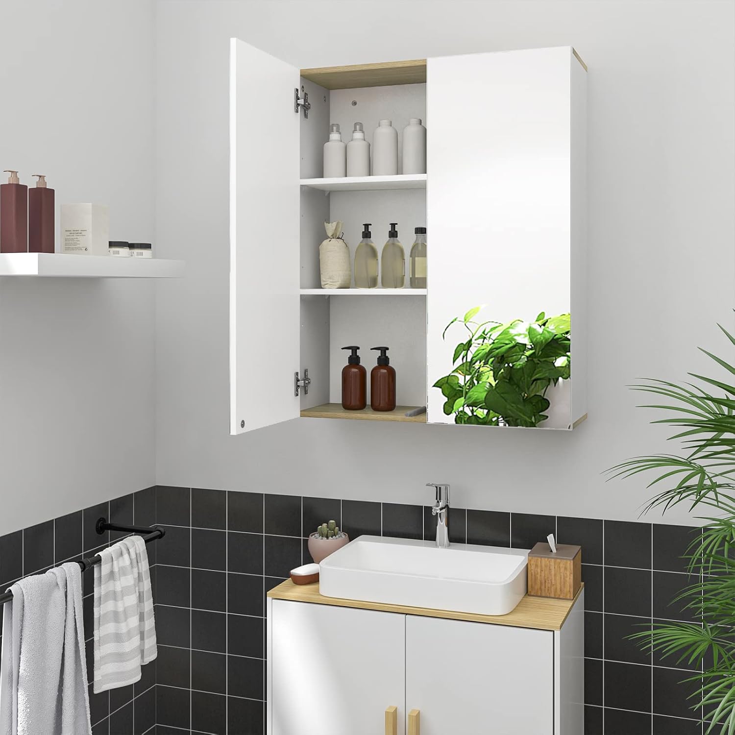The EUGAD Bathroom Mirror Cabinet mounted on a wall above a sink in a modern bathroom setting, with its doors open revealing stored items.