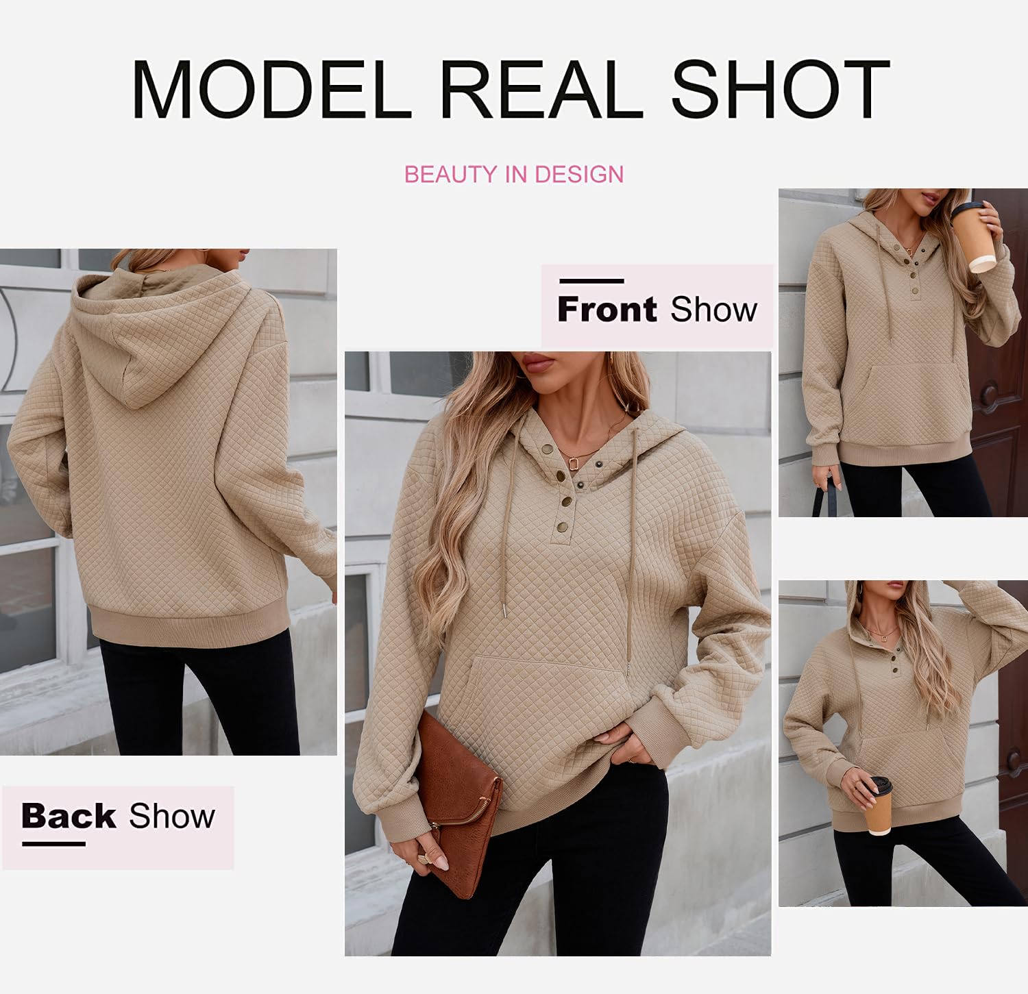 Dokotoo Hoodie Damen Kapuzenpullover Knopfleiste Steppmuster Pullover Herbst Winter Langarm Sweatshirt Oberteile Hoody mit Kapuze S-XXL