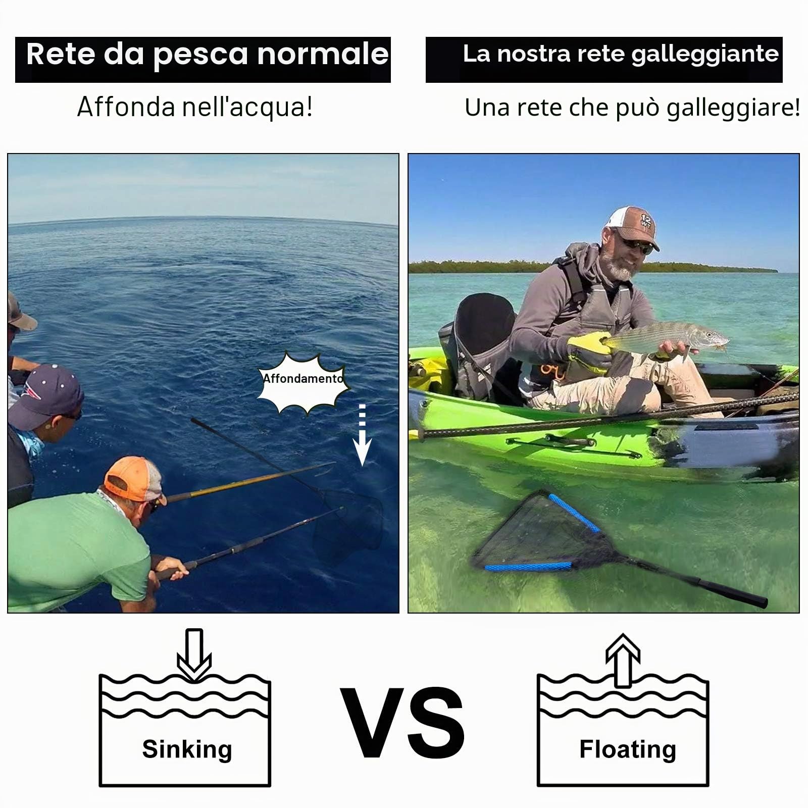 PLUSINNO - Retino da pesca per pesci, con manico telescopico pieghevole, rete in nylon resistente, cattura o rilascio sicuro dei pesci