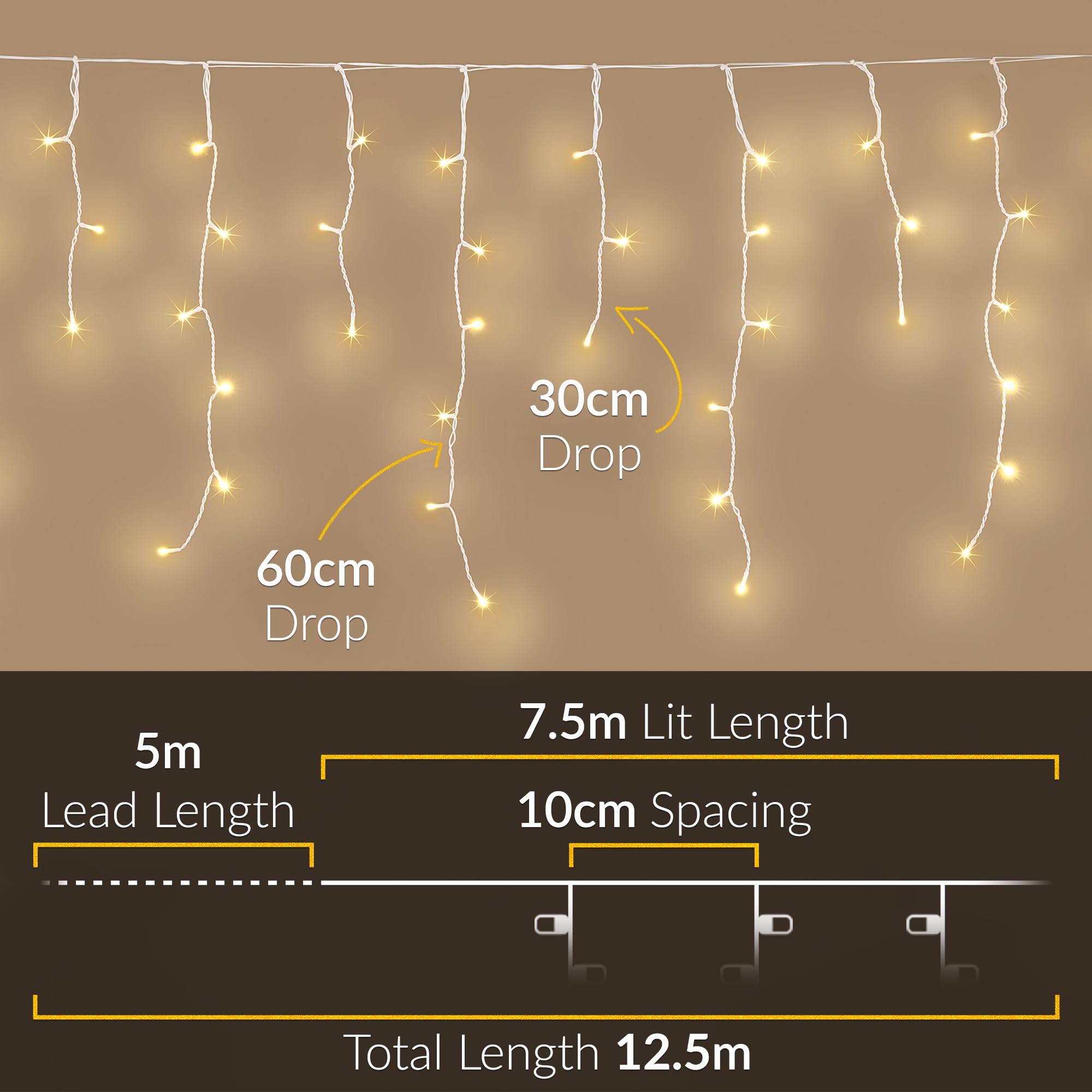CHRISTOW Hanging Icicle Christmas Lights, 240 Warm White LED, 7.5m Lit Length, Indoor & Outdoor, Mains Powered with Timer - Image 3