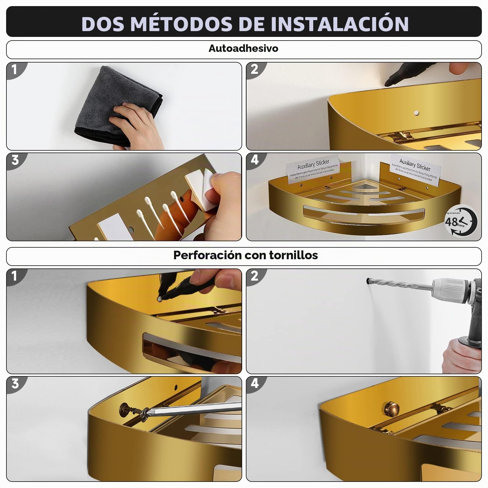 Estanteria Baño, Estanteria Esquina Ducha de Acero Inoxidable 304, Estante de Ducha sin Taladros con 4 Ganchos, Cesta de Dducha Gruesa, Colgante para Organizador para Duchas, Cocinas (2 Piezas, Oro)