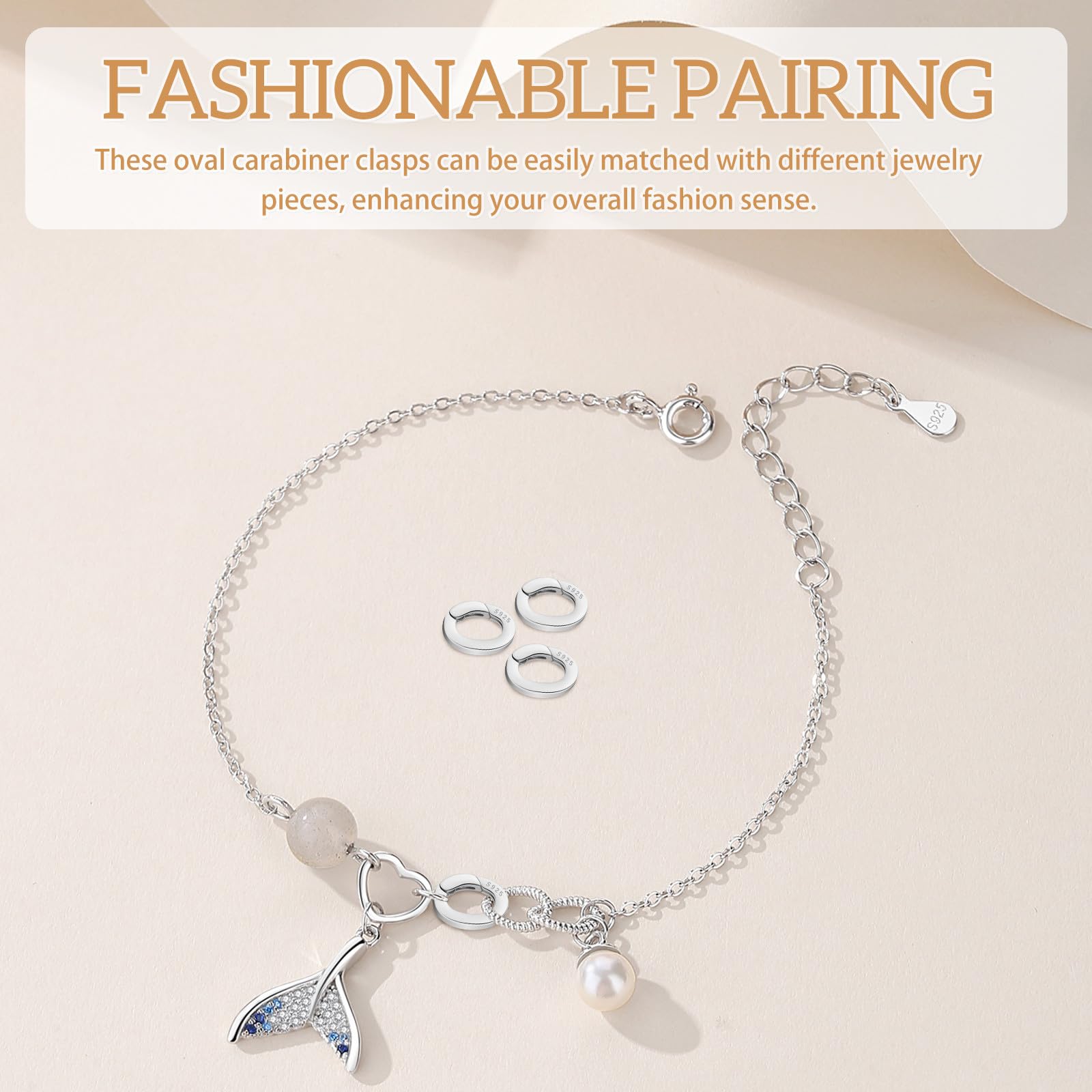 Cabilock Fermoir Ovale en Argenté S925, 4 Pièces, Agrafe à Ressort pour Raccourcir un Collier, Fermeture Sûre pour Chaîne et Pendentif